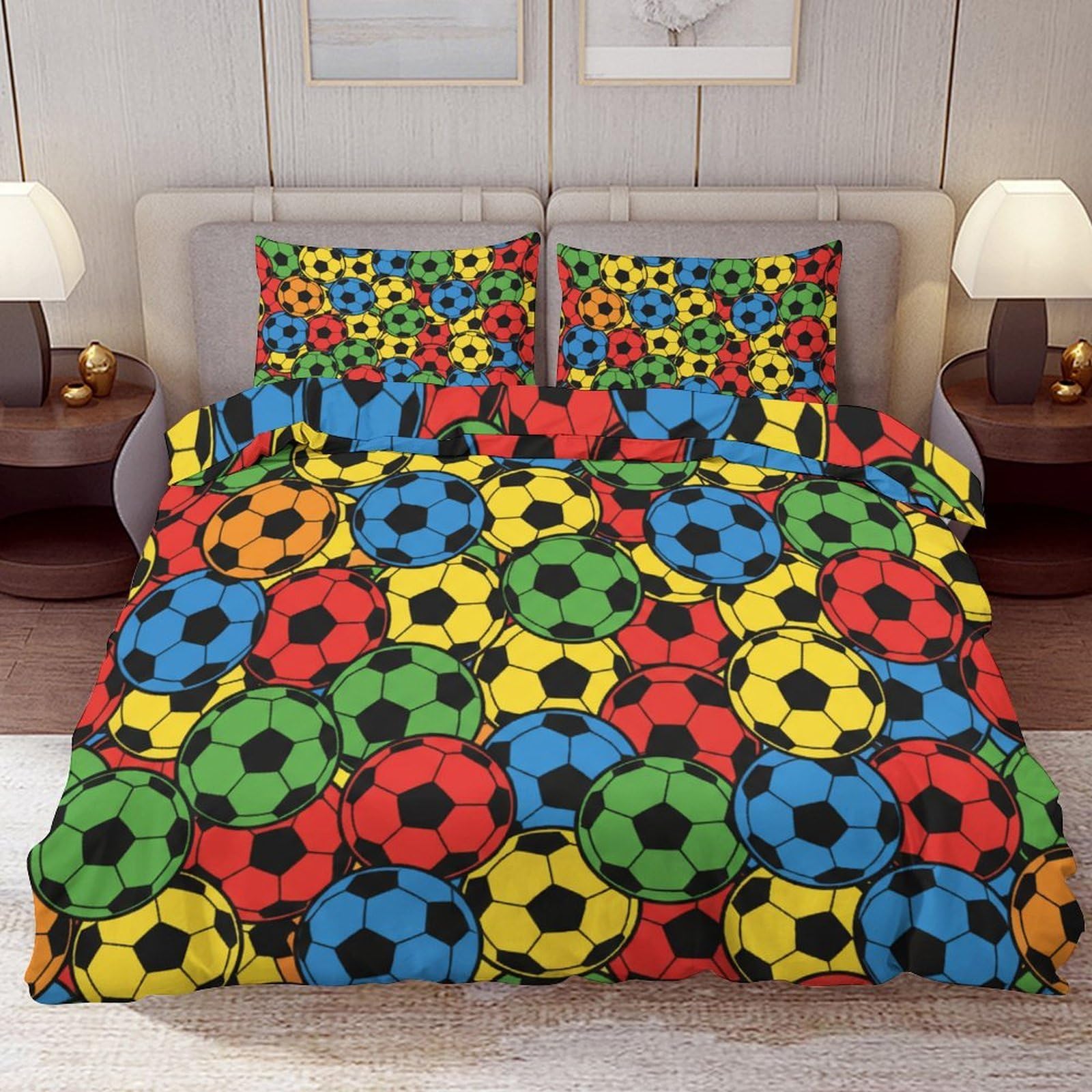 Delerain Comforter Cover Set King Size, Rainbow Soccer Ball Sport 3-Piece Bedding Set for Women Men Modern Soft Microfiber Bedroom Set Room Decor, 1 Duvet Cover + 2 Pillowcases
