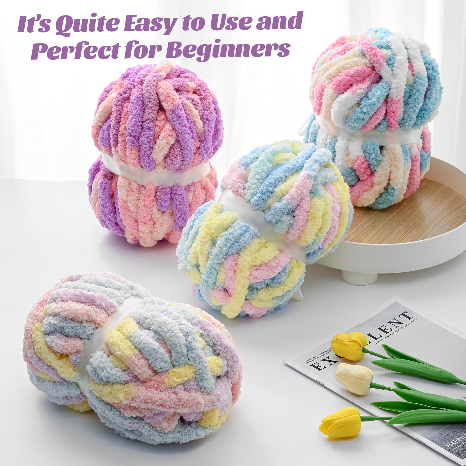 Confezione da 10 gomitoli di filato di ciniglia grosso e soffice per uncinetto, per lavori a maglia a mano, 227,4 m, filato super voluminoso variegato per coperte per bambini (blu-bianco)
