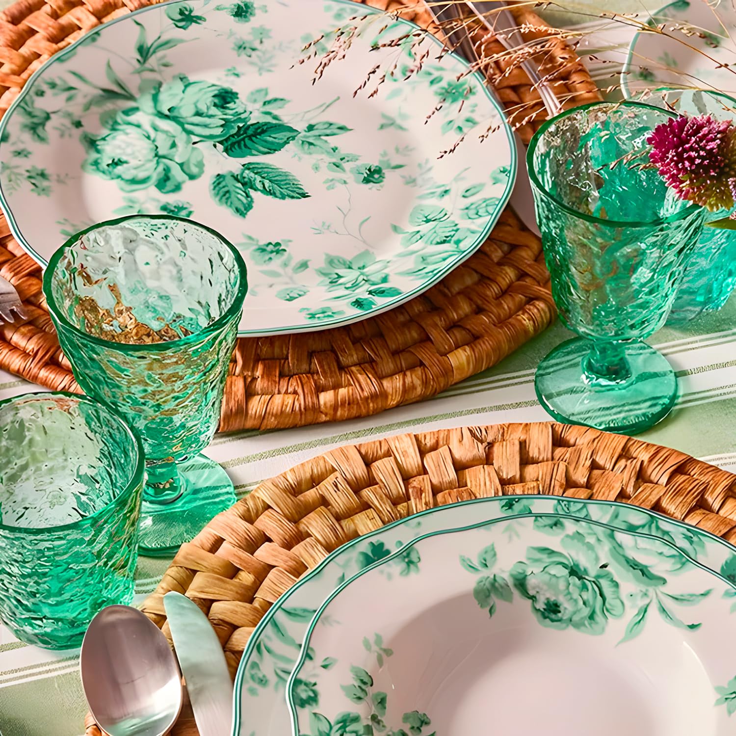 Wintem Porcelanowy serwis obiadowy z talerzami obiadowymi, talerzami obiadowymi i deserowymi - idealny na specjalne okazje lub do codziennego użytku - zestaw talerzy dla 6 osób - biały z zielonymi
