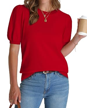 WIHOLL Womens Puff Short Sleeve Sweater 2025 Spring Summer Tops Trendy Business Causal Outfits Work Blouses Clothes