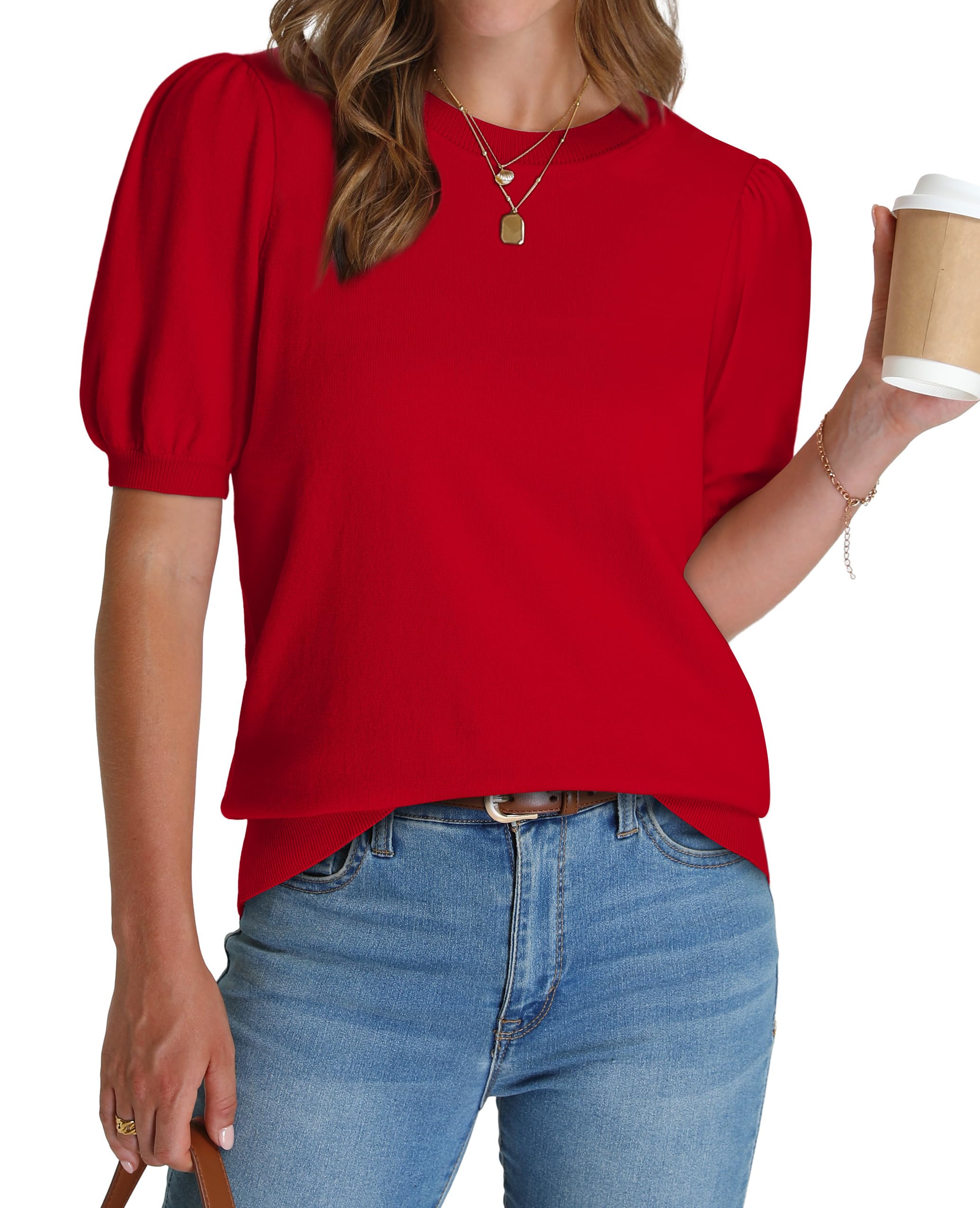 WIHOLL Womens Puff Short Sleeve Sweater 2025 Spring Summer Tops Trendy Business Causal Outfits Work Blouses Clothes