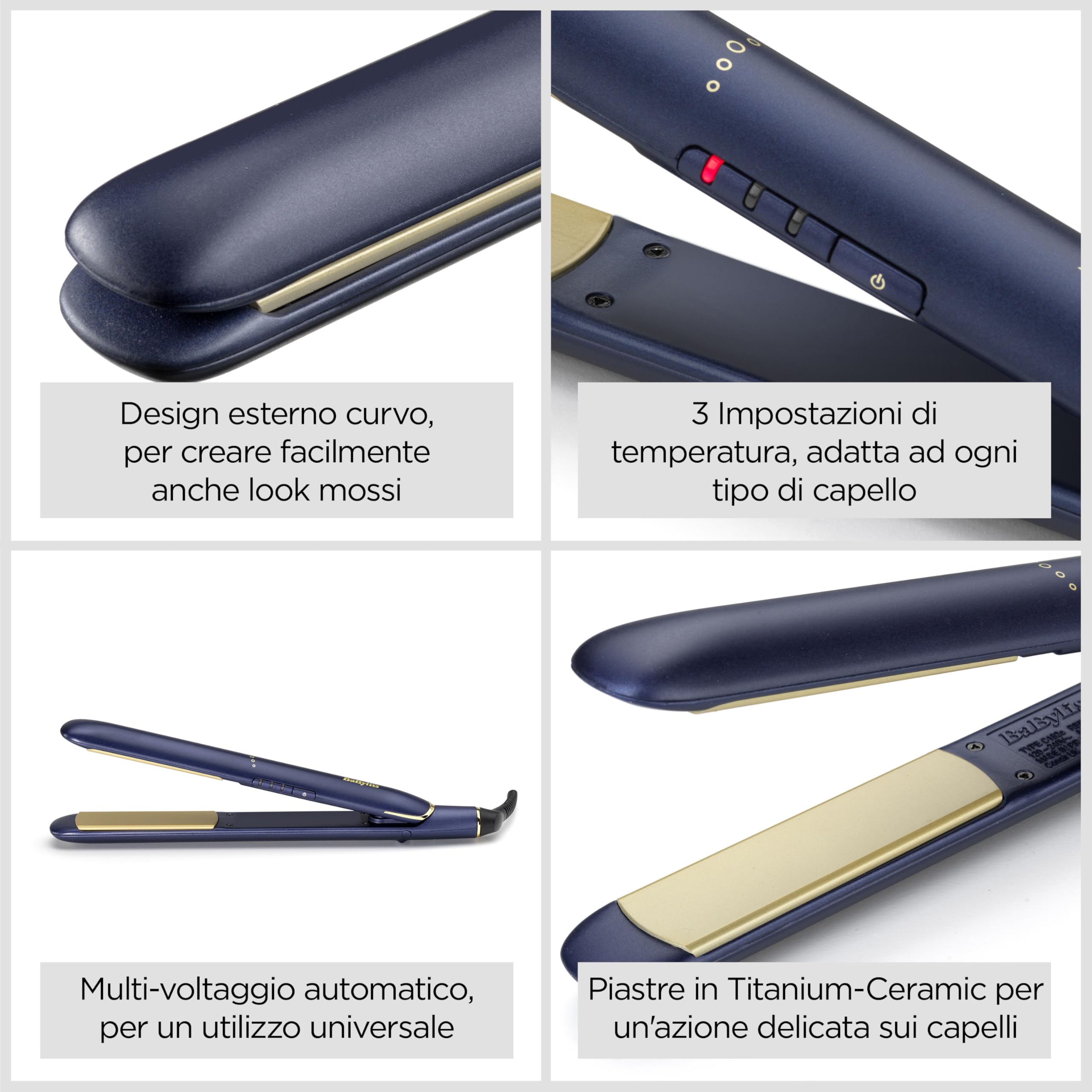 BaByliss Piastra Capelli Midnight Luxe, Piastre flottanti in Titanium-Ceramic,Pronta all'uso in 30 secondi, 3 Impostazioni di temperatura fino a 235°C, blu, 2516PE