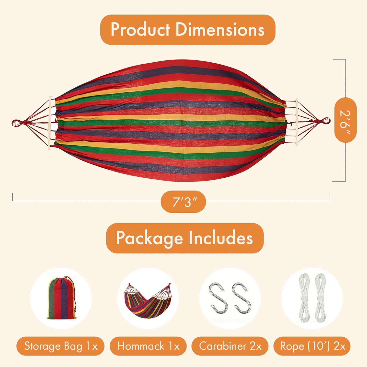 Gardenised Multicolor Striped Fabric Hammock with Wood Spreader Bars Portable Outdoor Hanging Design with Carry Bag S-Hooks and Ropes for Garden Backyard Patio Camping & Travel Use