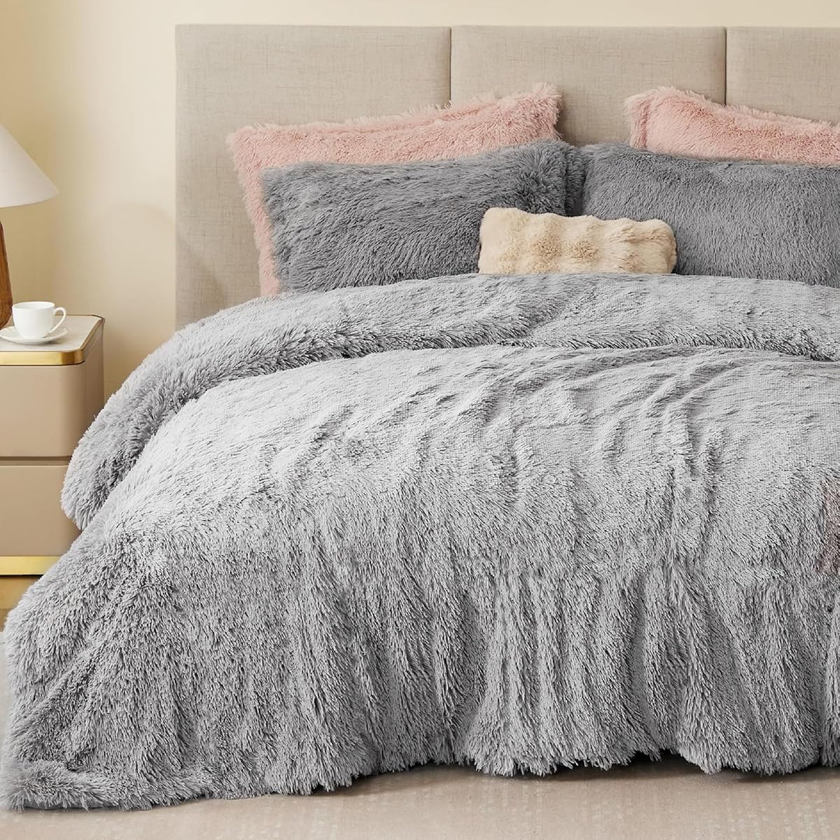 Sacebeleu Kissenbezug 40x80cm 2er Set Plüsch Biber Flanell Flauschig Zierkissenbezug Kissenhülle Doppelpack Grau Hellgrau Winter Kopfkissenbezug
