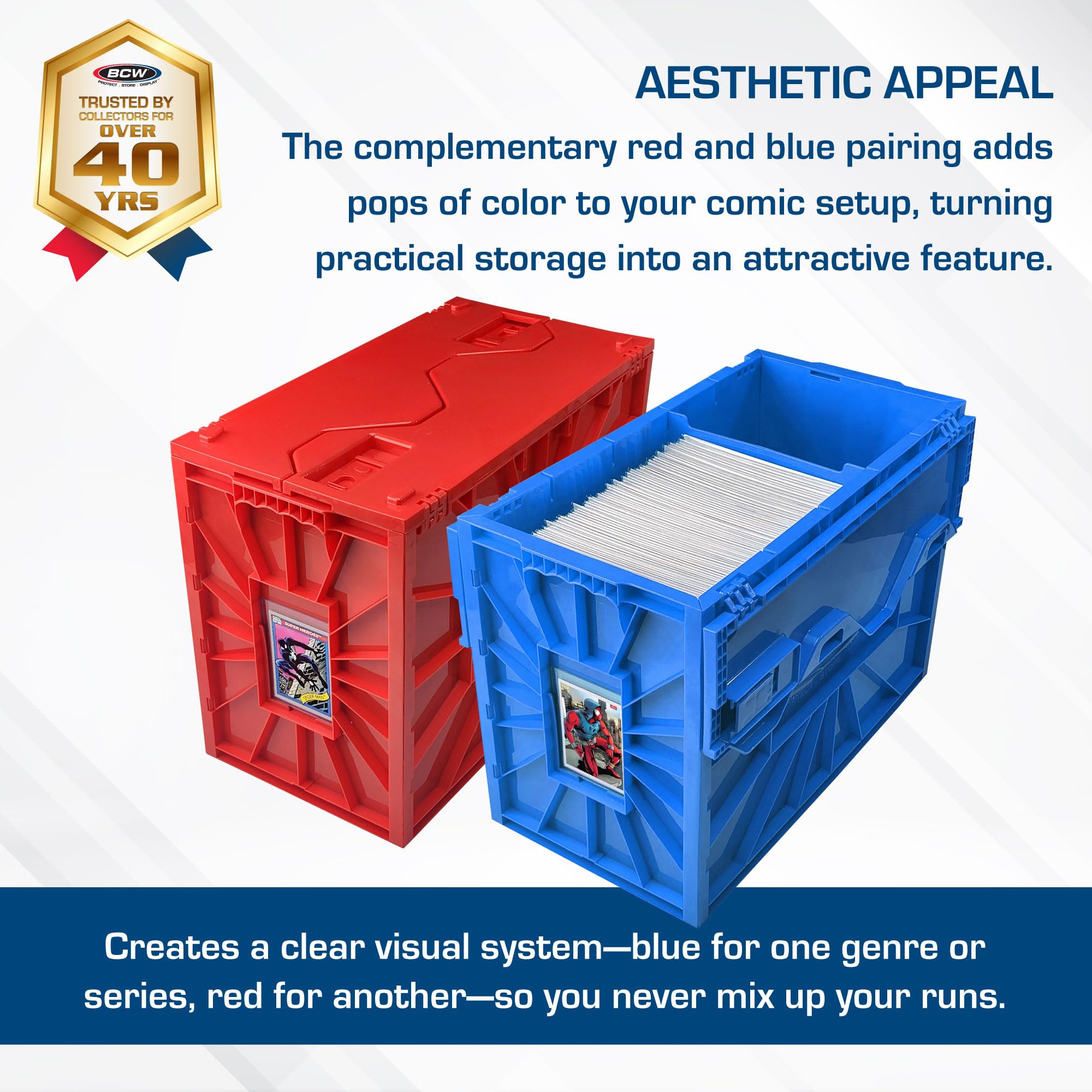 BCW Red & Blue Short Comic Bin Set | Scatola di plastica per fumetti | Organizzazione codificata a colori per fumetti