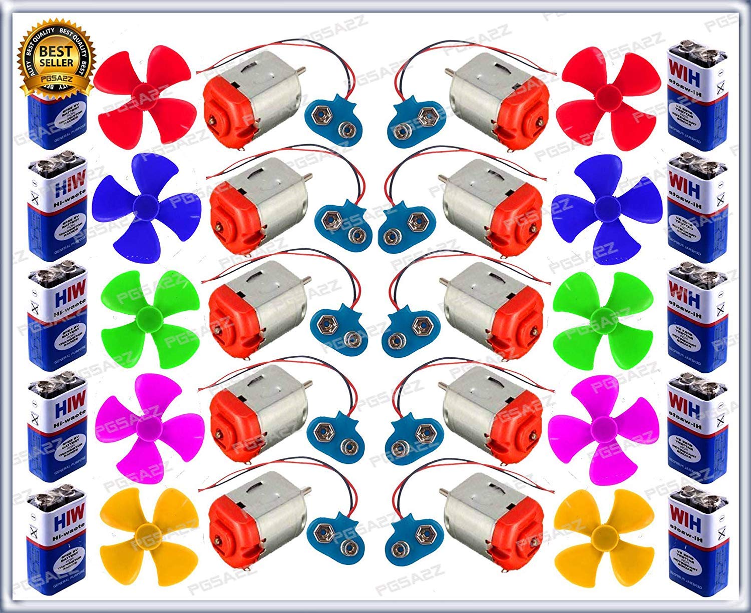 pgsa2z science kit for diy projects, dc motors,9v battery, fan, cap 10 pcs each.- Multi color