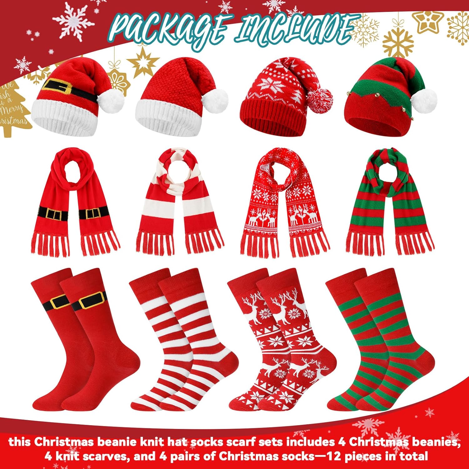 Liitrsh 12 Pack Christmas Winter Accessories Set, 4 Christmas Beanies 4 Knitted Scarves and 4 Pairs of Holiday Socks Soft Warm Xmas Hat Scarf Sock Set for Family Parties Gifts - Image 3