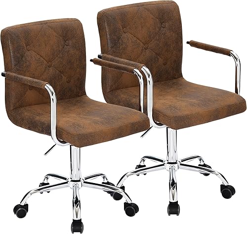 VECELO Silla de escritorio de trabajo con ruedas giratorias y reposabrazos, piel sintética, respaldo medio, altura ajustable para oficina en casa,