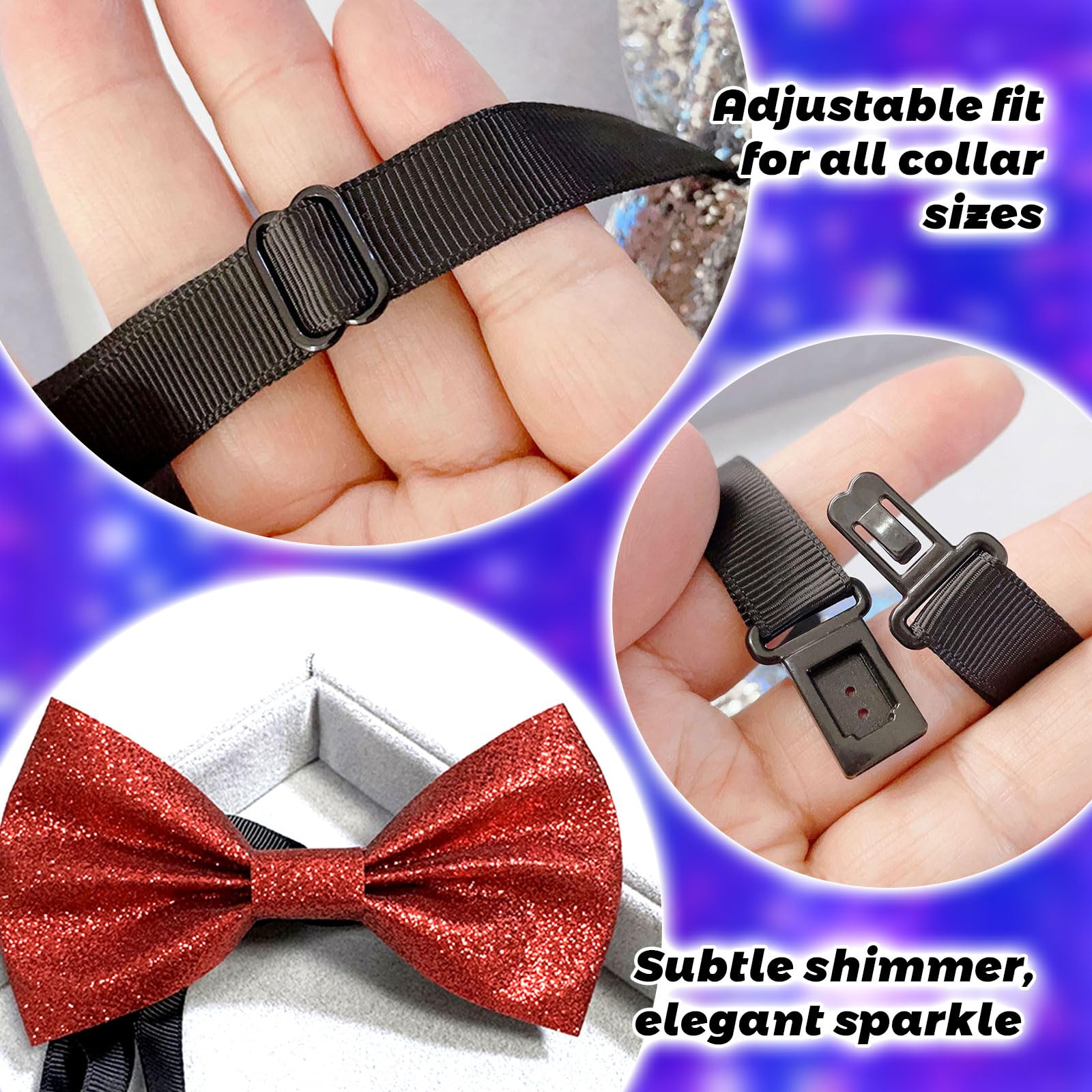 SAIIURV 3 Pack Sequin Bow Tie for Men Boys Black Silver Red Pre-tied Bowtie Adjustable Sparkly Glitter Shiny Bow Tie Comedy Dress Up Costume Accessories for Party Festival Fancy Dress (3 Colors) - Image 3