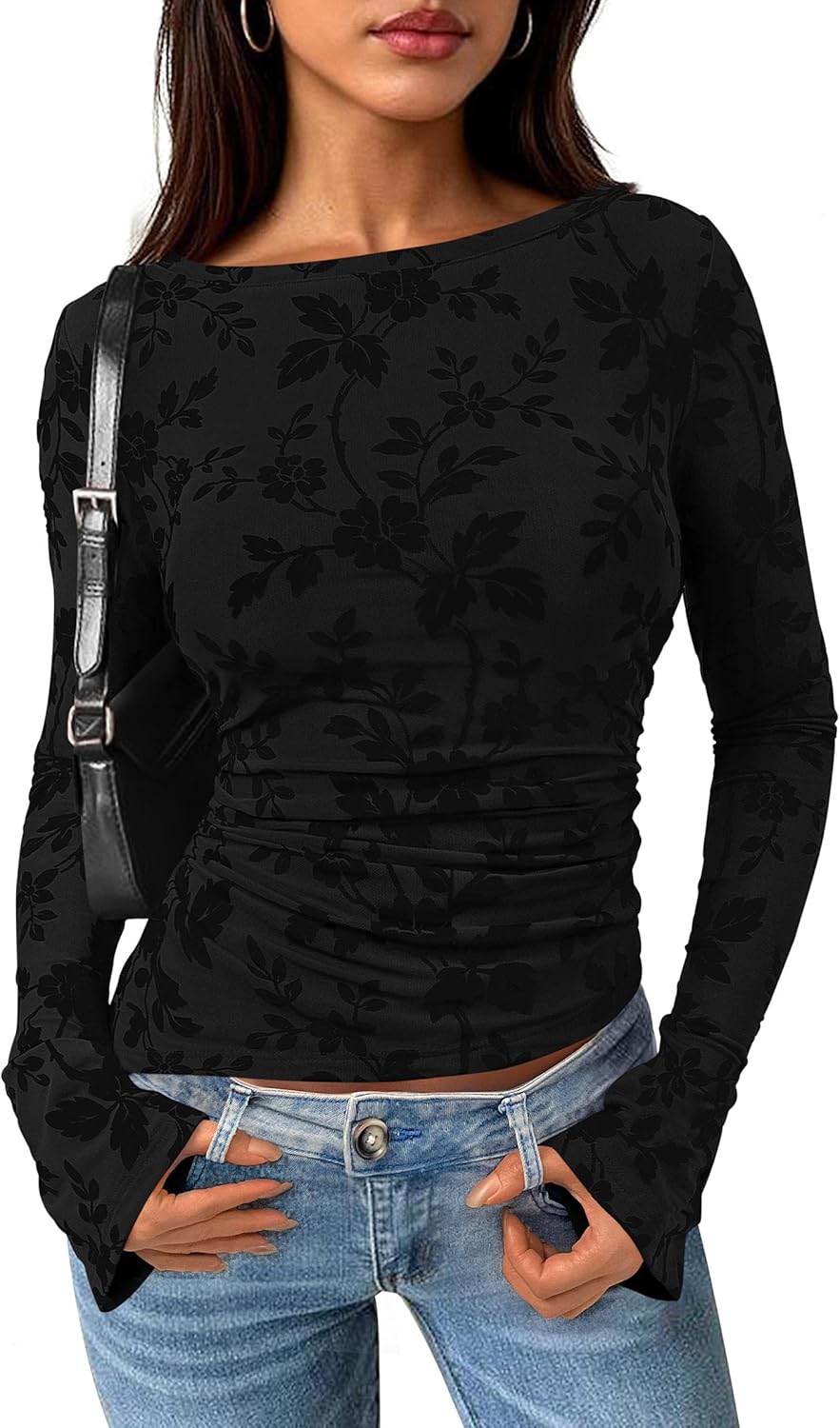 PRETTYGARDEN Women Long Sleeve Floral Mesh Tops Blouse 2025 Fall Trendy Boat Neck Ruched Fitted Shirt Going Out Date Outfits