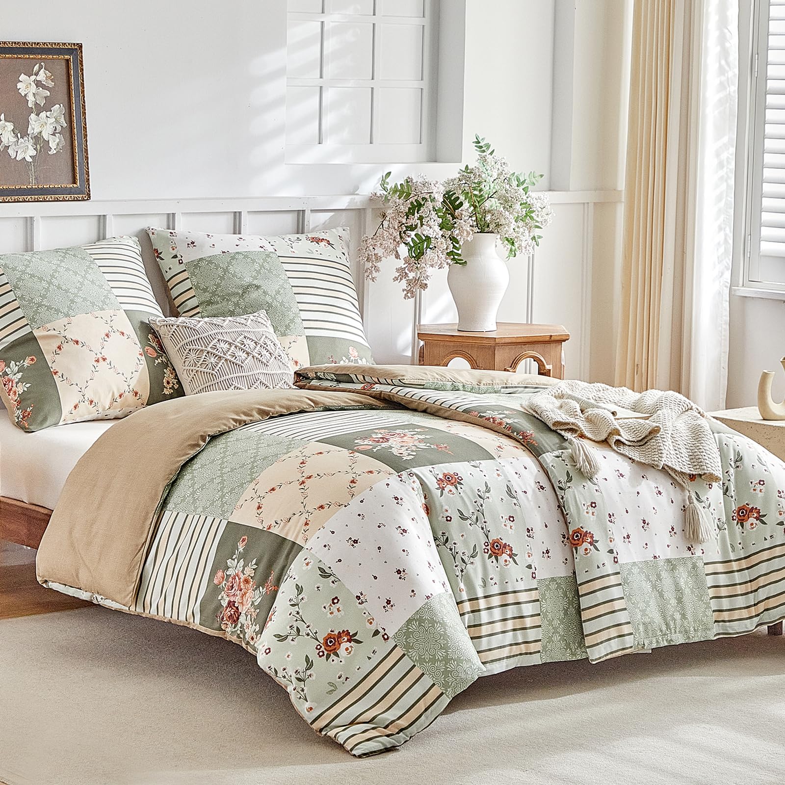 Tokokimo 4PCS Duvet Cover Sets King Size Bedding Sets, Botanical Branches Printed Grey Kingsize Duvet Cover Sets with Pillowcases and Extra Fitted Sheet, Soft Microfiber King Size Bedding Sets — view 92