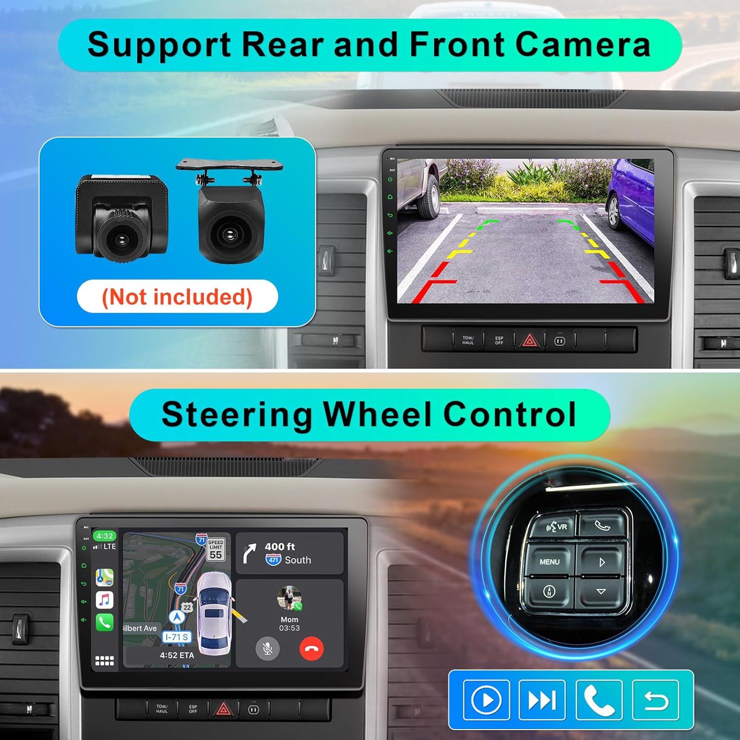 8 Core Car Radio for Jeep Wrangler JK Compass Grand Cherokee Dodge Ram Upgrade Stereo Wireless CarPlay Android Auto,10 '' Touchscreen Head Unit GPS WiFi AM/FM SWC