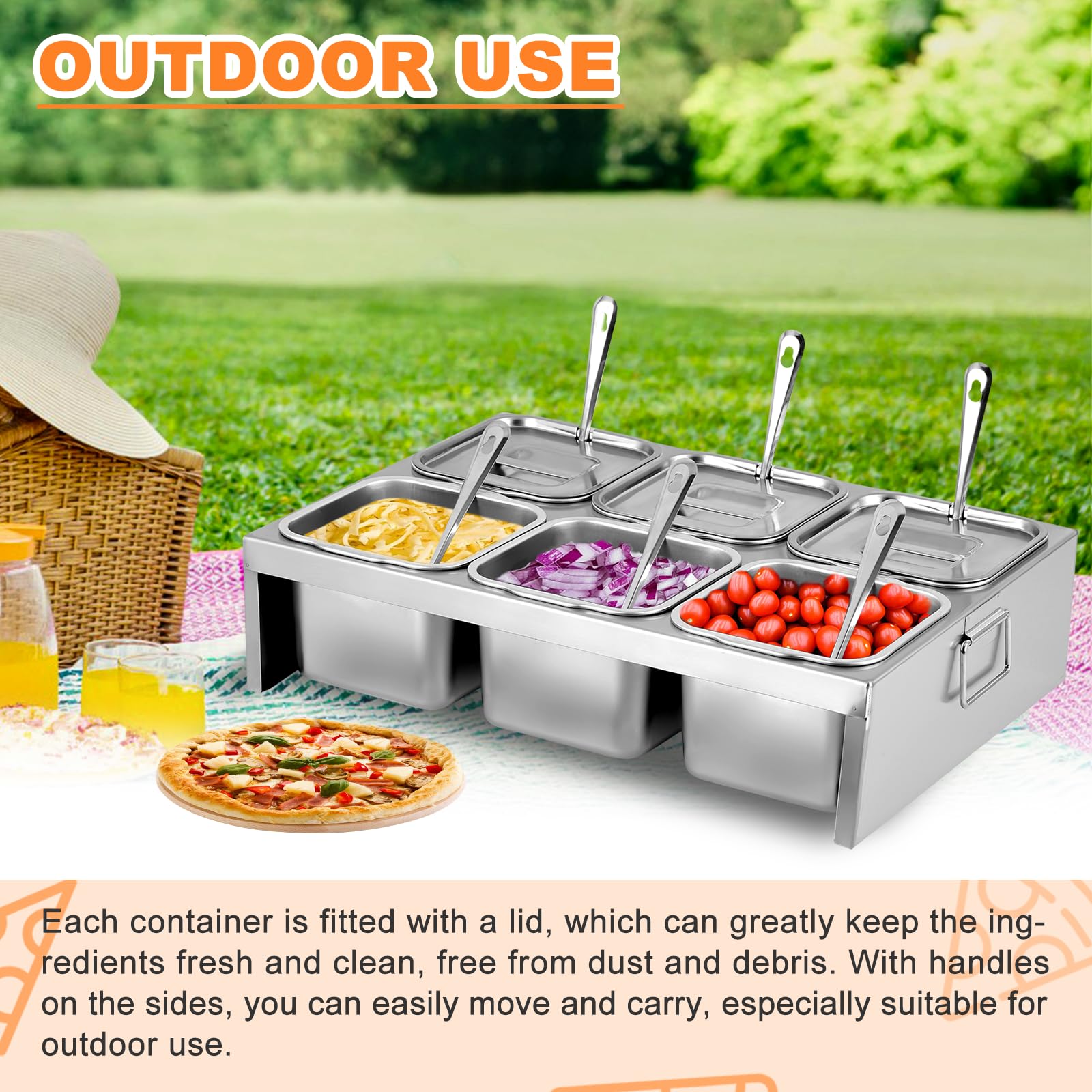 Pizza Topping Station - Contenedores de condimentos de acero inoxidable de 6 x 2 L con tapas y cucharones, 6 bandejas de compartimentos para preparar ingredientes y coberturas, accesorios 4
