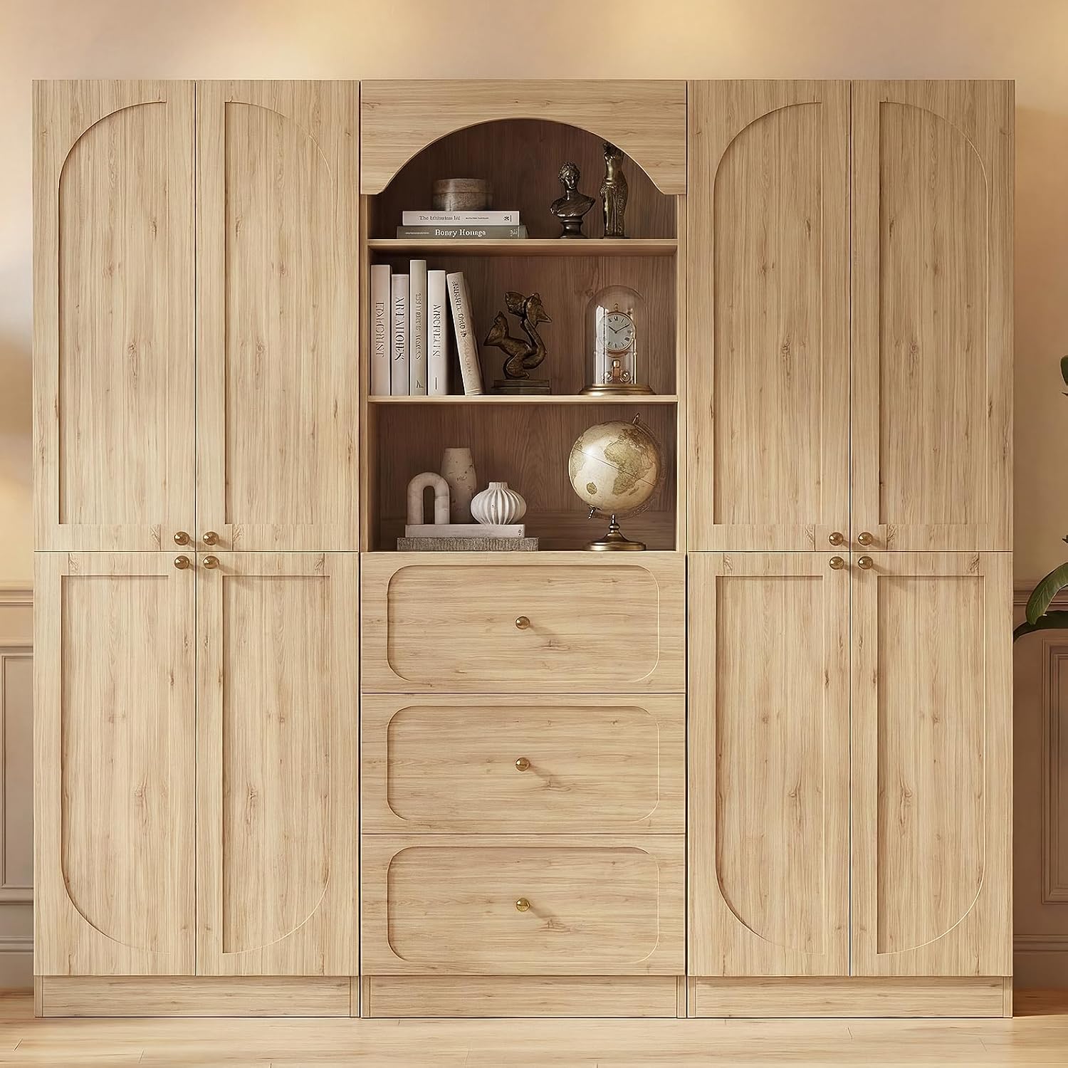 Cyclysio 80" Tall Bookcase System with 3 Drawers, Arched Bookshelf with 8 Doors, Wooden Pantry Storage Organizer Cabinets with 3-Tier Open Shelves for Living Room, Kitchen, Bathroom