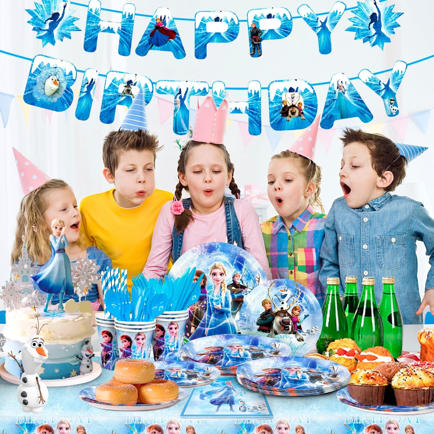 Fro-zenn Birthday Party Supplies-144pcs Fro-zenn Party Tableware Set Fro-zenn Birthday Party Plates and Cup and Napkins Tablecloth etc Elsa Birthday Party Supplies 2th 4th Birthday,Serves 16 Guest : Home & Kitchen
