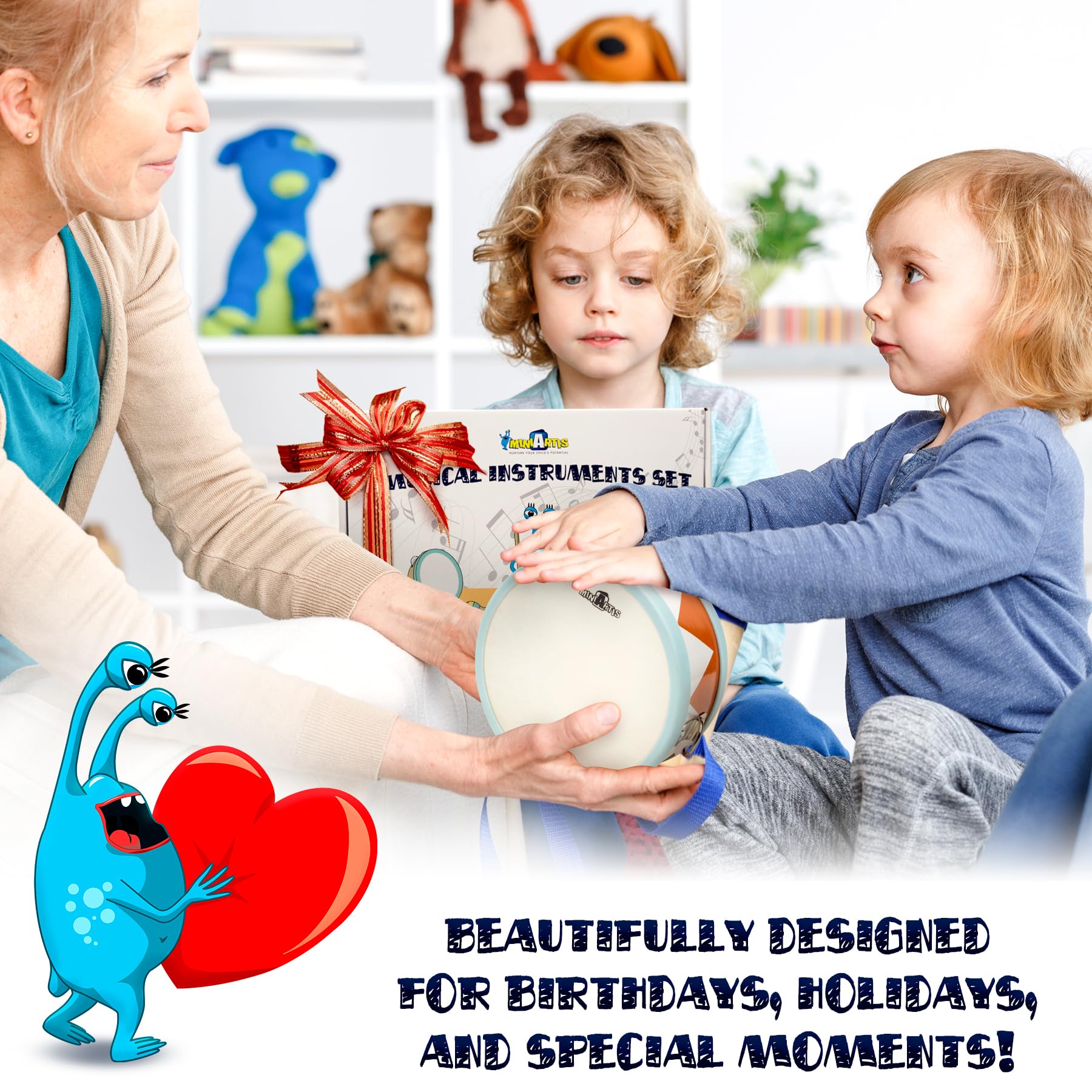 Instrumentos musicales para niños pequeños – Juguetes musicales de madera Montessori para niños pequeños de 1 a 3 años | Juego de batería para bebé bohemio moderno con instrumentos de 7