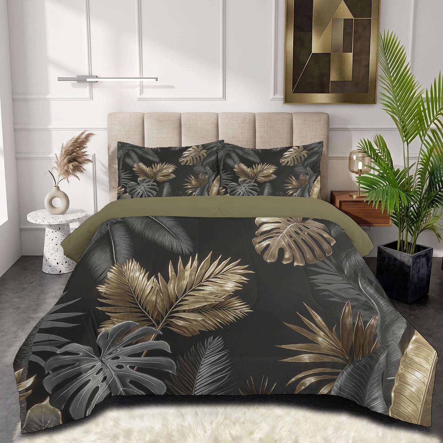 Tropical Plants Comforter Set Queen Size, Palm-Leaf Monstera Bedding Set for Girls Boys, Black and Gray Quilt Bed 90"X90" Bedding Comforter Sets with 2 Pillowcase Room Decor