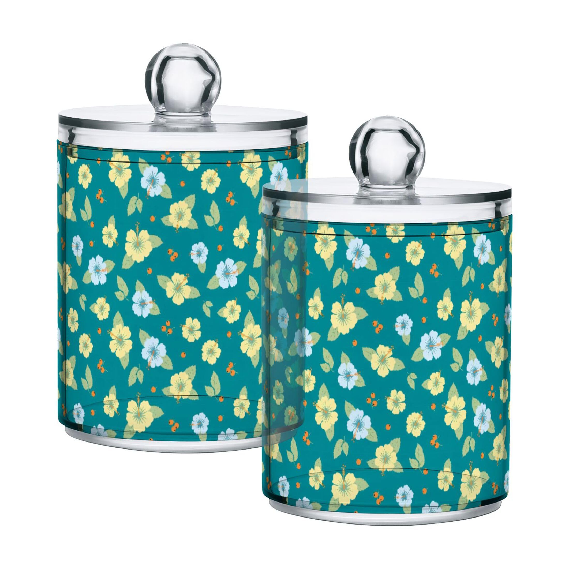 Fuauuyl Hibiscus Qtip Holder Dispenser 2 Pack Plastic Apothecary Jar Storage Organization Bathroom Vanity Makeup Storage Organization for Cotton Ball Swab Pad