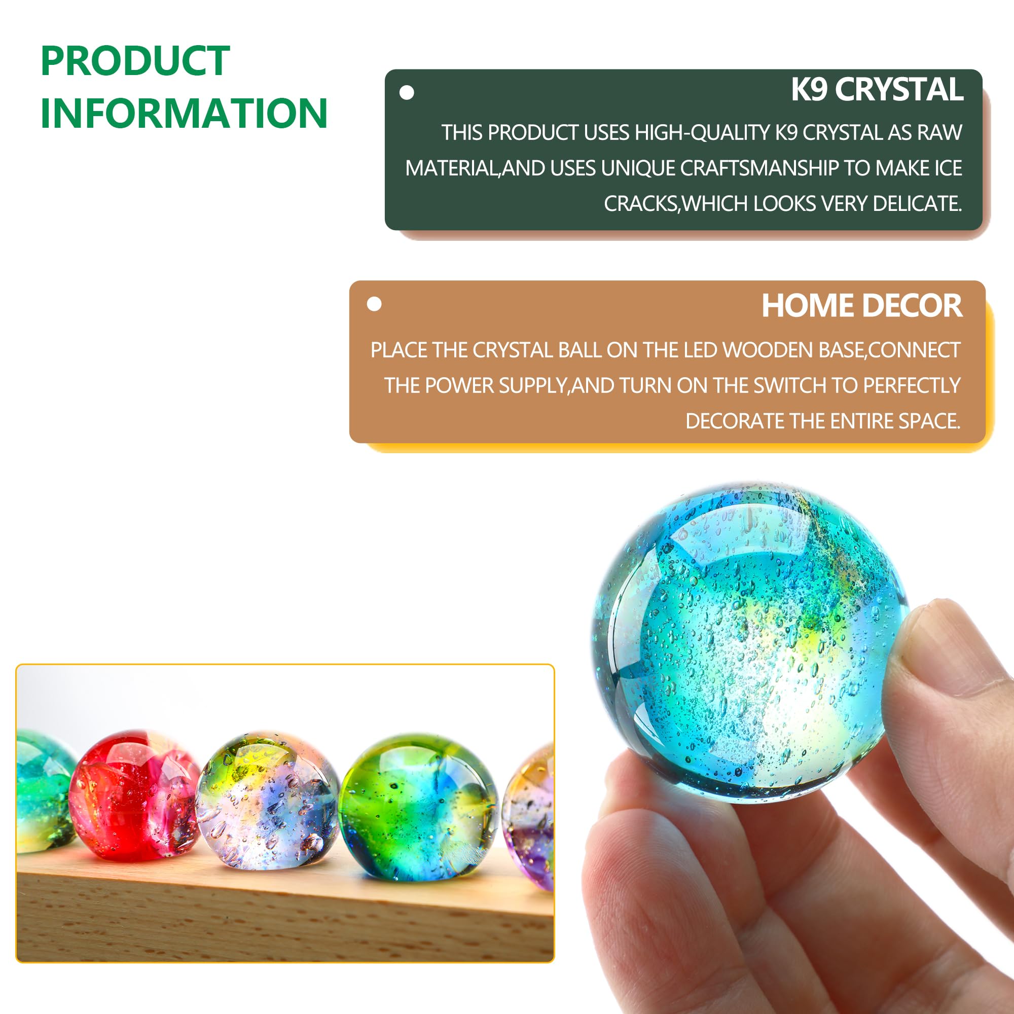 kanpura 7 Chakra Crystals Spheres Sets 40mm Crystal Healing Ball with LED Wooden Stand for Meditation Night Light Decoration Balls for Home Office Decor Gifts - Image 3