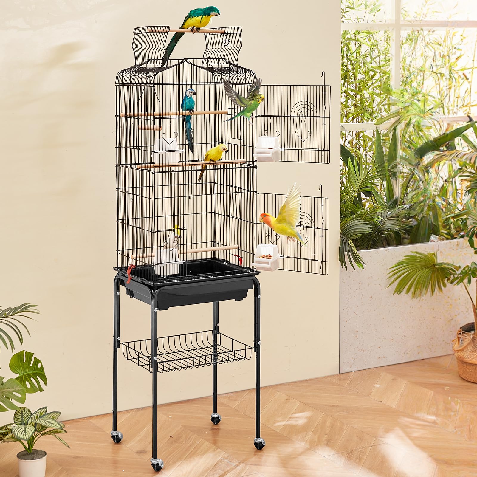 VEVOR Jaula grande para loros con parte superior abierta de 64 pulgadas con soporte rodante desmontable para periquitos, pinzones, canarios, tortolitos, cacatúas, periquitos, pequeños cuáqueros