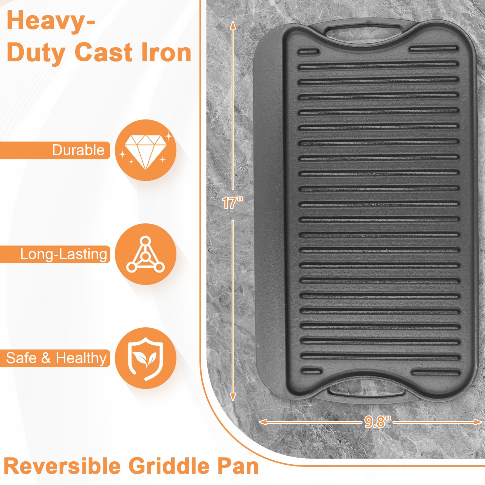 PETKAO Large Cast Iron Griddle Insert, Skillet, Oblong Grilling Pan for Stovetop,Pre-Seasoned Stovetop Griddle Gas Stove Grill Plate Oven, 17