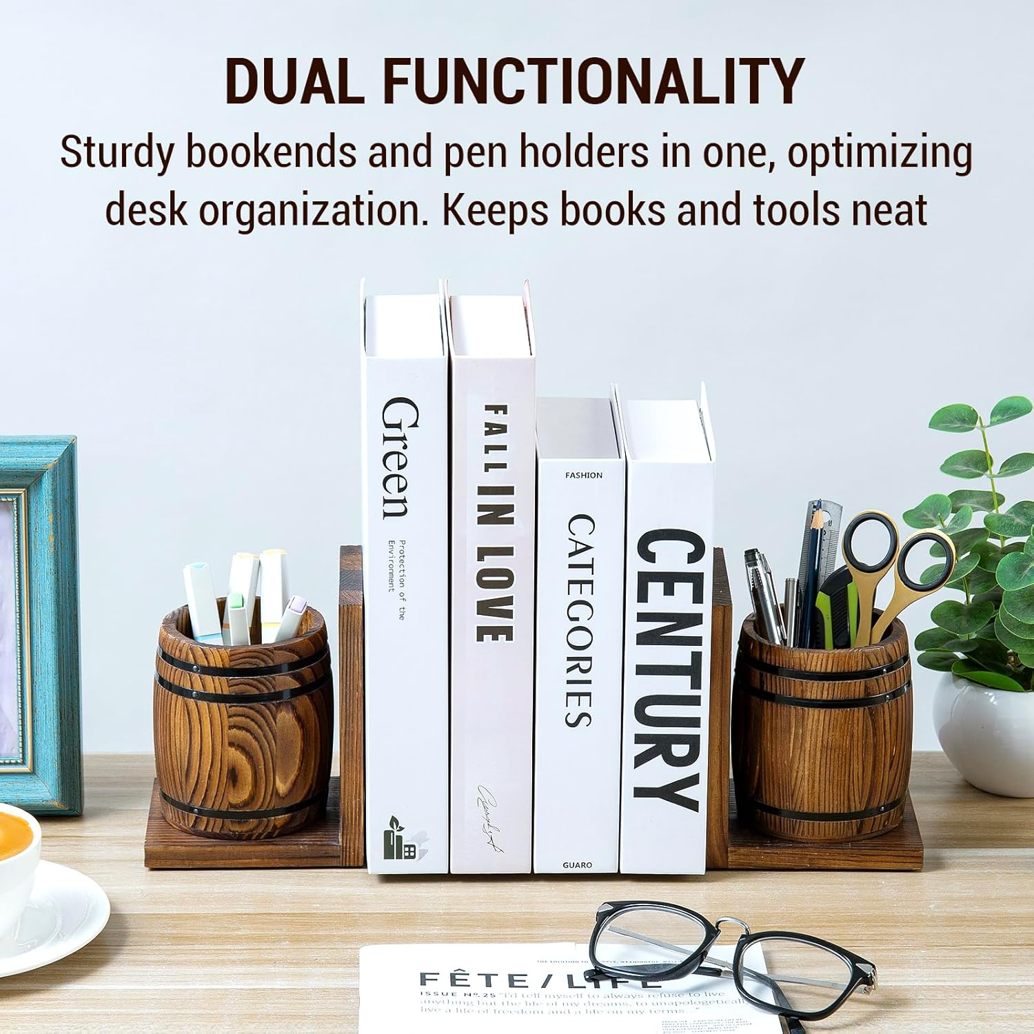 MyGift Wood Decorative Bookends with Pencil Holder, Office Desk Books Ends and Pen Holders as Vintage Wooden Barrels, Heavy Duty Bookends for Shelves, Rustic Burnt Brown Wine Barrel Design,1 Pair
