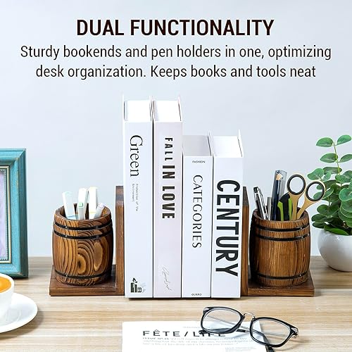 Miniatura 3 de MyGift Sujetalibros rústico de madera maciza marrón quemado con diseño de barril de vino, extremos de libros de escritorio de oficina y soportes
