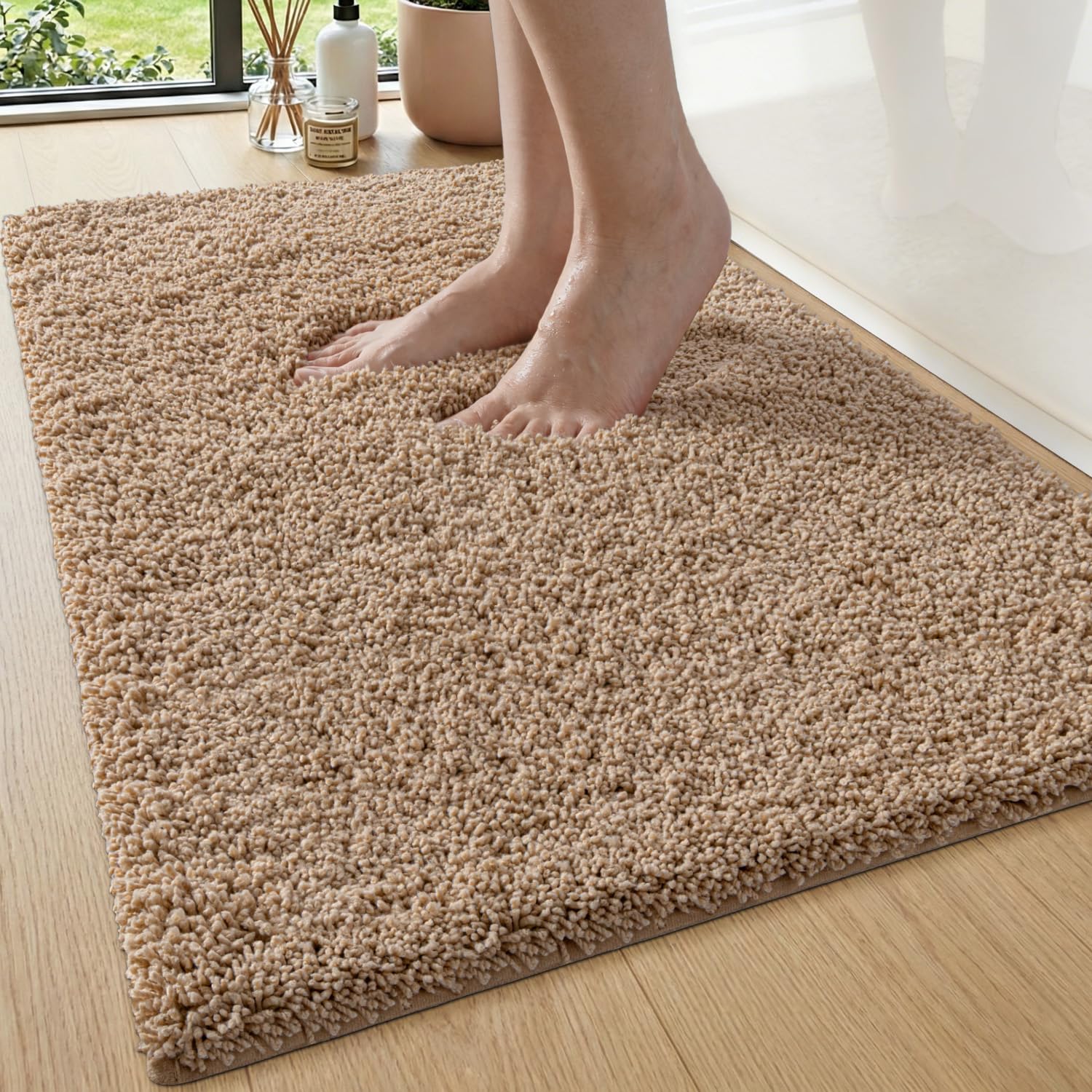 DEXI Fluffy Bath Mat 60 x 90 cm, Non Slip Absorbent, Beige — image 1