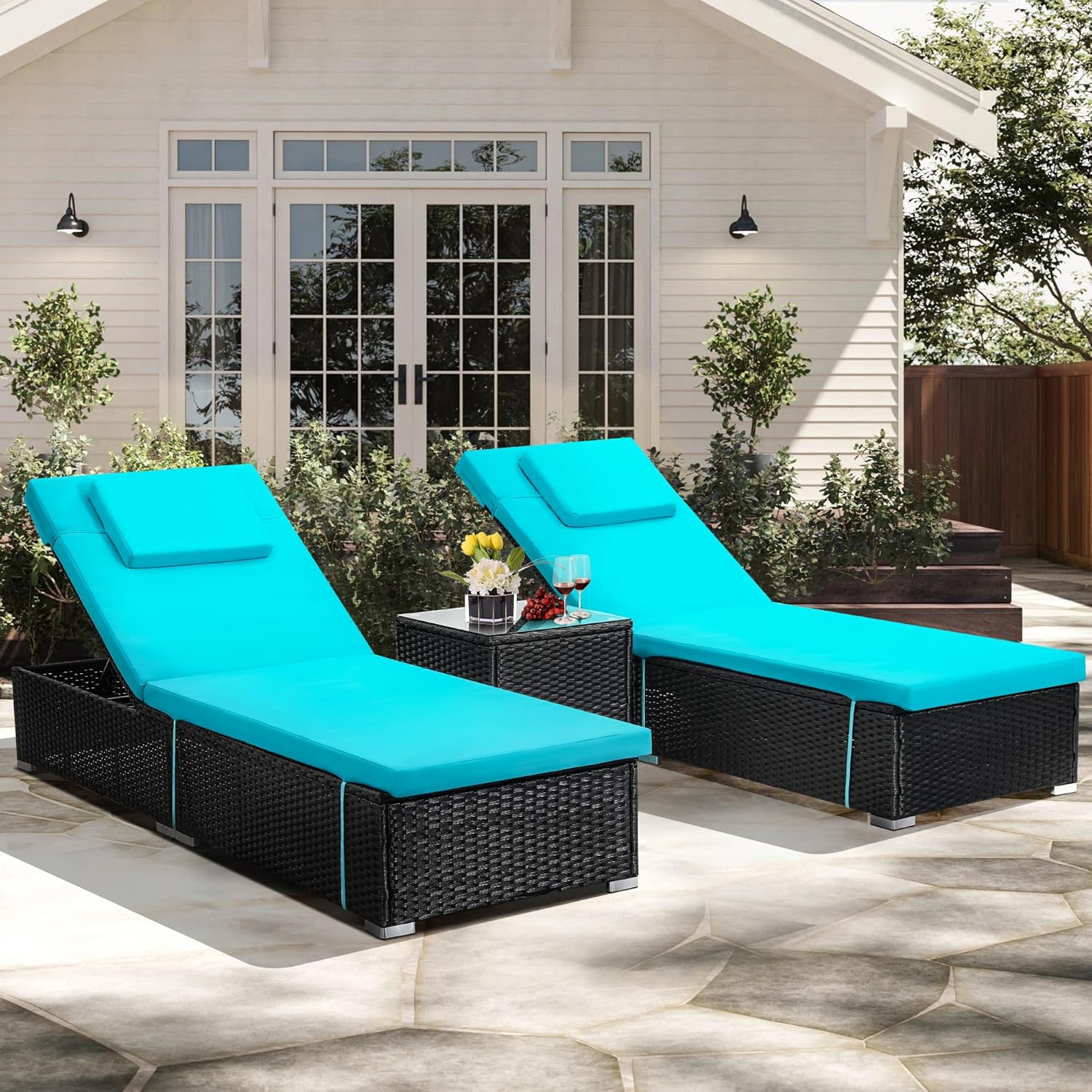 Outdoor Chaise Lounge Chairs, All-Weather Wicker Pool Lounge Chair Set of 2 with Side Table, Adjustable Backrest & Washable Cushions for Patio, Poolside, Beach, Light Blue