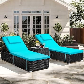 Murago Outdoor Chaise Lounge, Pool Lounge Chairs Set of 2 with Side Table | All-Weather Wicker Chairs Set, Adjustable Backrest & Washable Cushions for Patio, Poolside, Beach, Light Blue