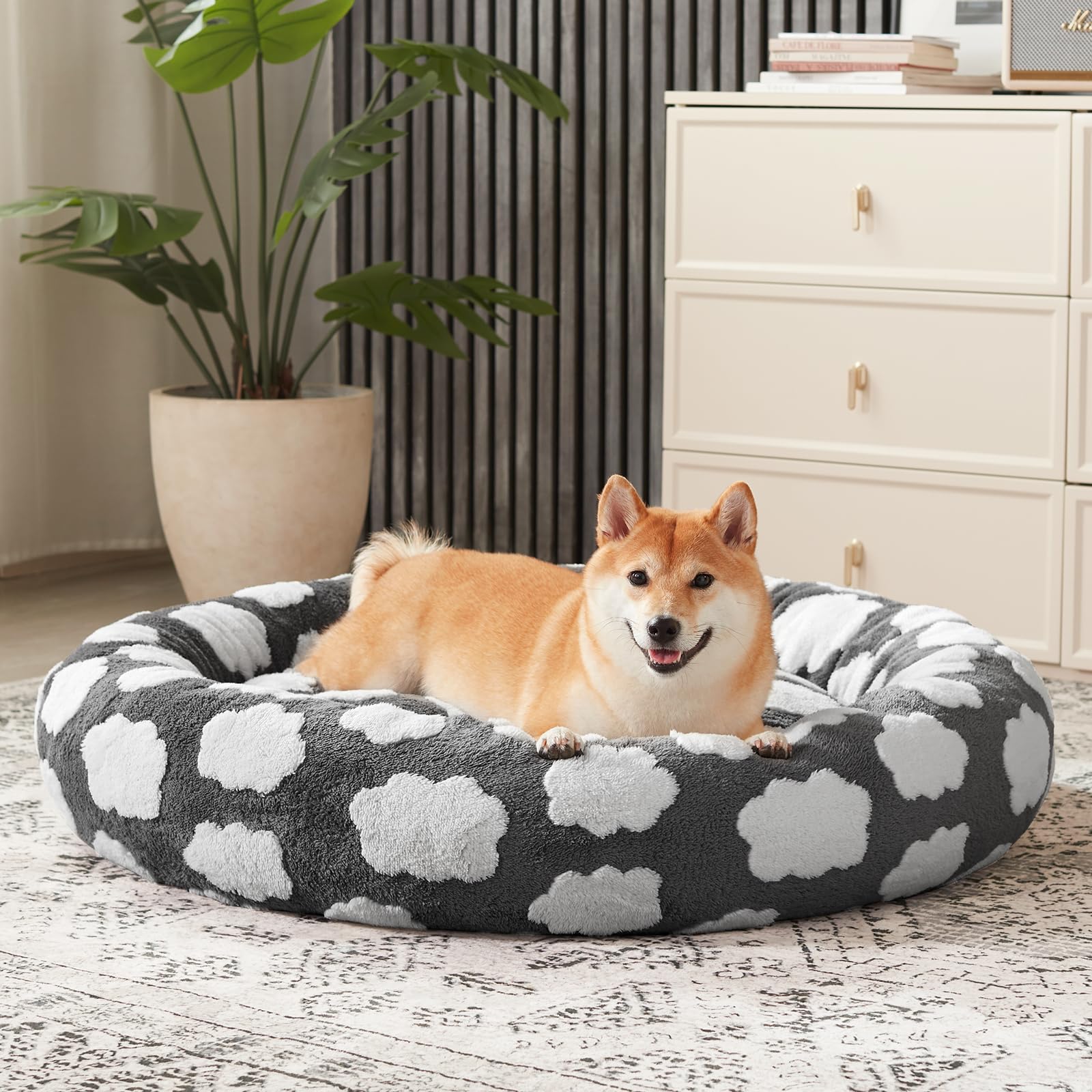 JOEJOY Letto per cani a ciambella di medie dimensioni, carino rotondo calmante letto per cani con copertura rimovibile lavabile, 76 cm, ortopedico con peluche jacquard a pelo lungo e fondo antiscivolo