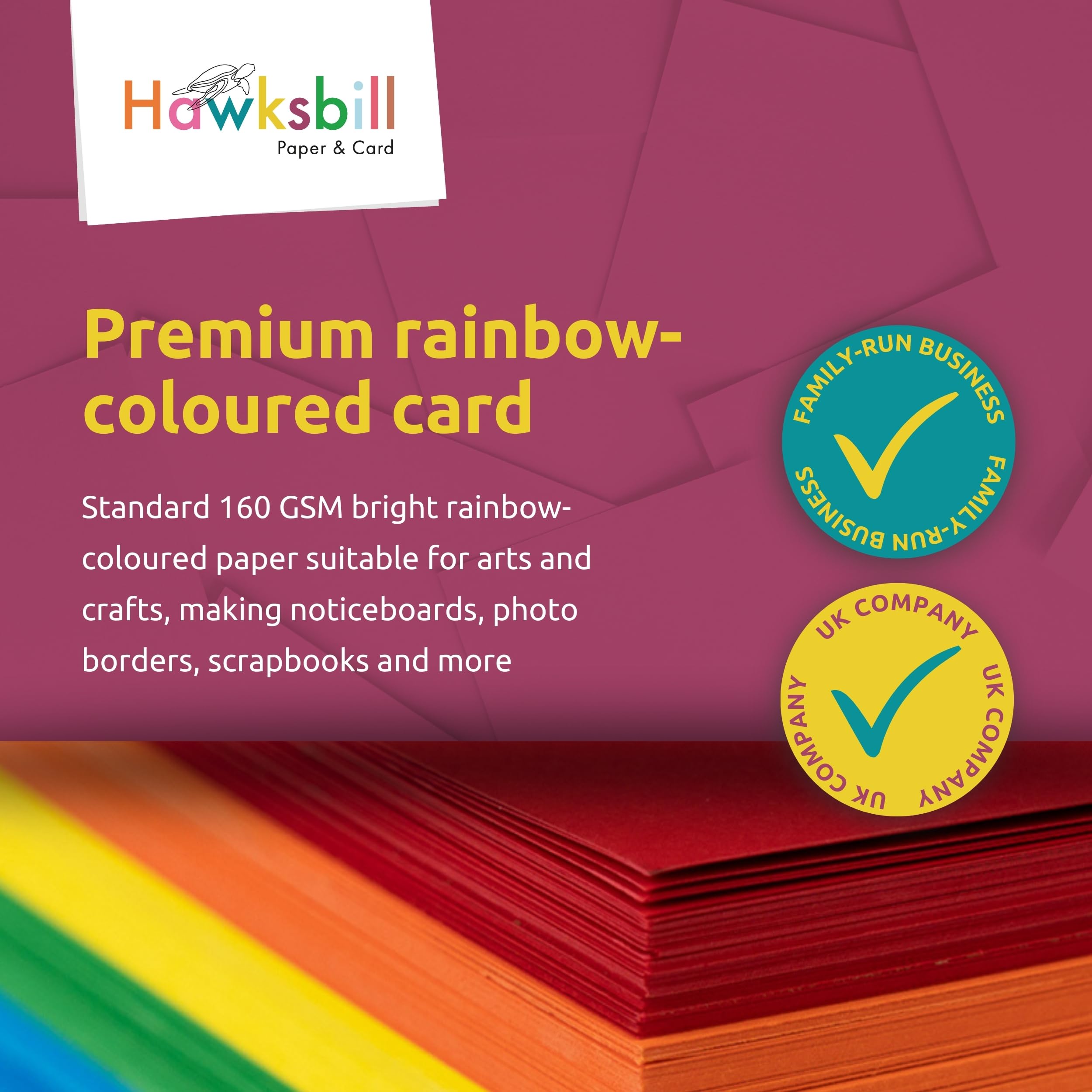 Hawksbill Card + Craft Lot de 100 feuilles de papier cartonné A4 160 g/m² Couleurs arc-en-ciel assorties pour les activités artistiques et artisanales des enfants