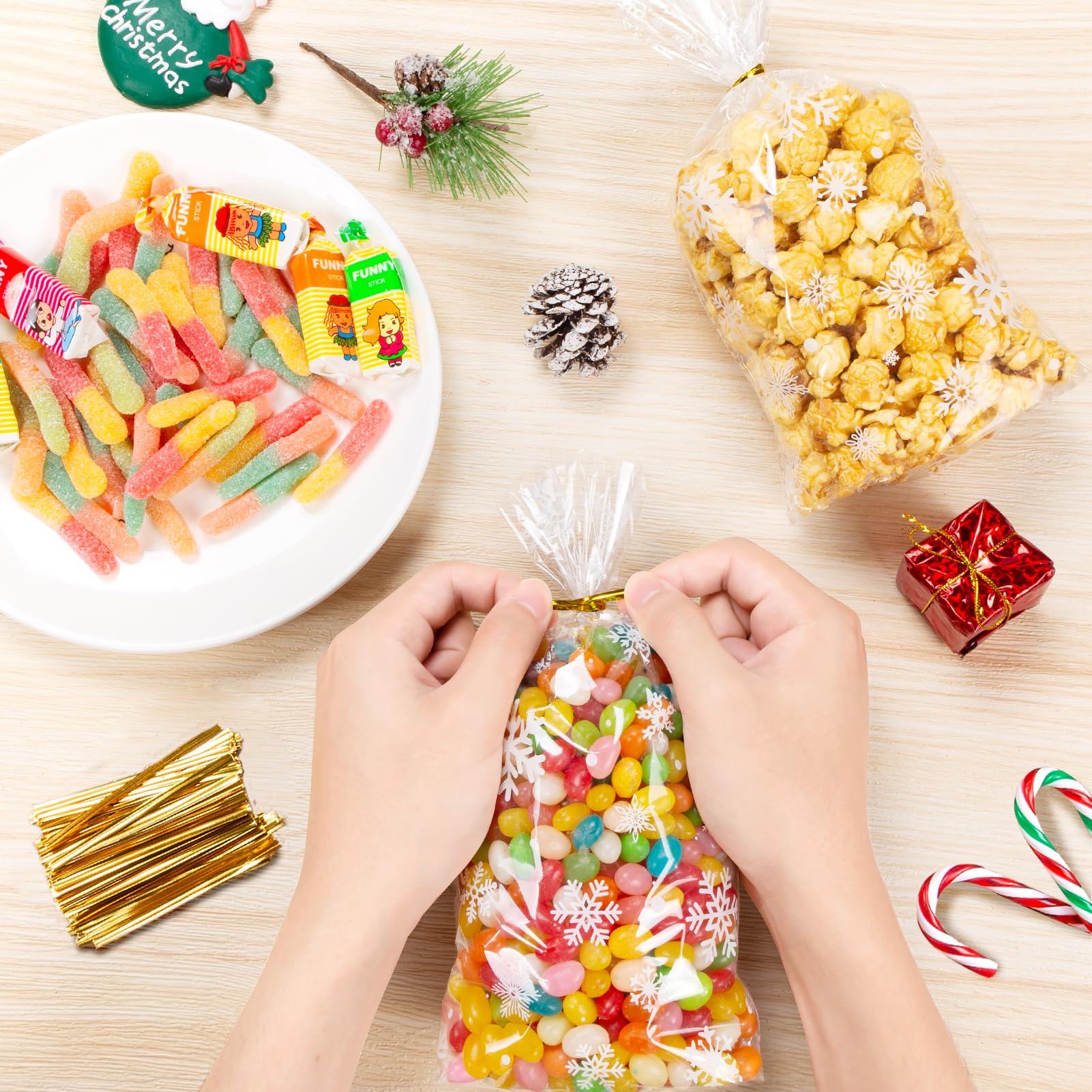 50 Sacchetti Trasparenti Natalizi Per Biscotti Con Fascette - 27x13 Cm, Motivo Fiocco Di Neve