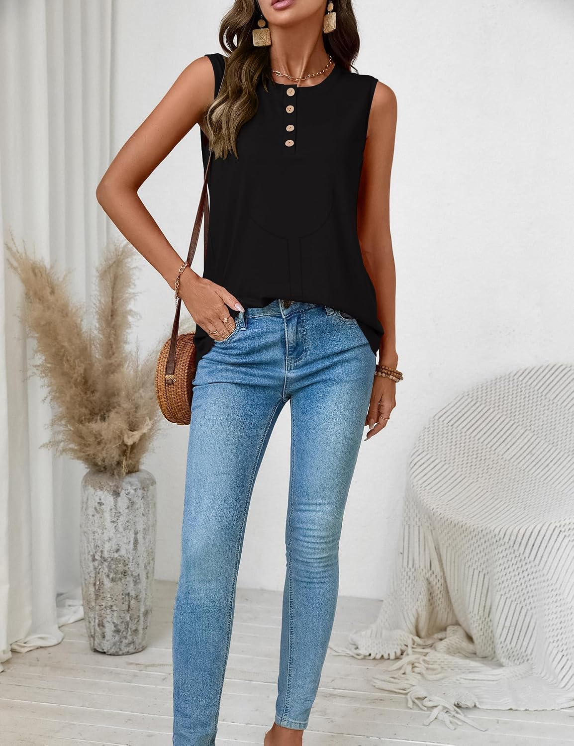 LOMON Tank Top for Women Crew Neck Sleeveless Loose Fit Button Casual Tee Shirts Summer Fashion 2026 Tunic Tops Blouses