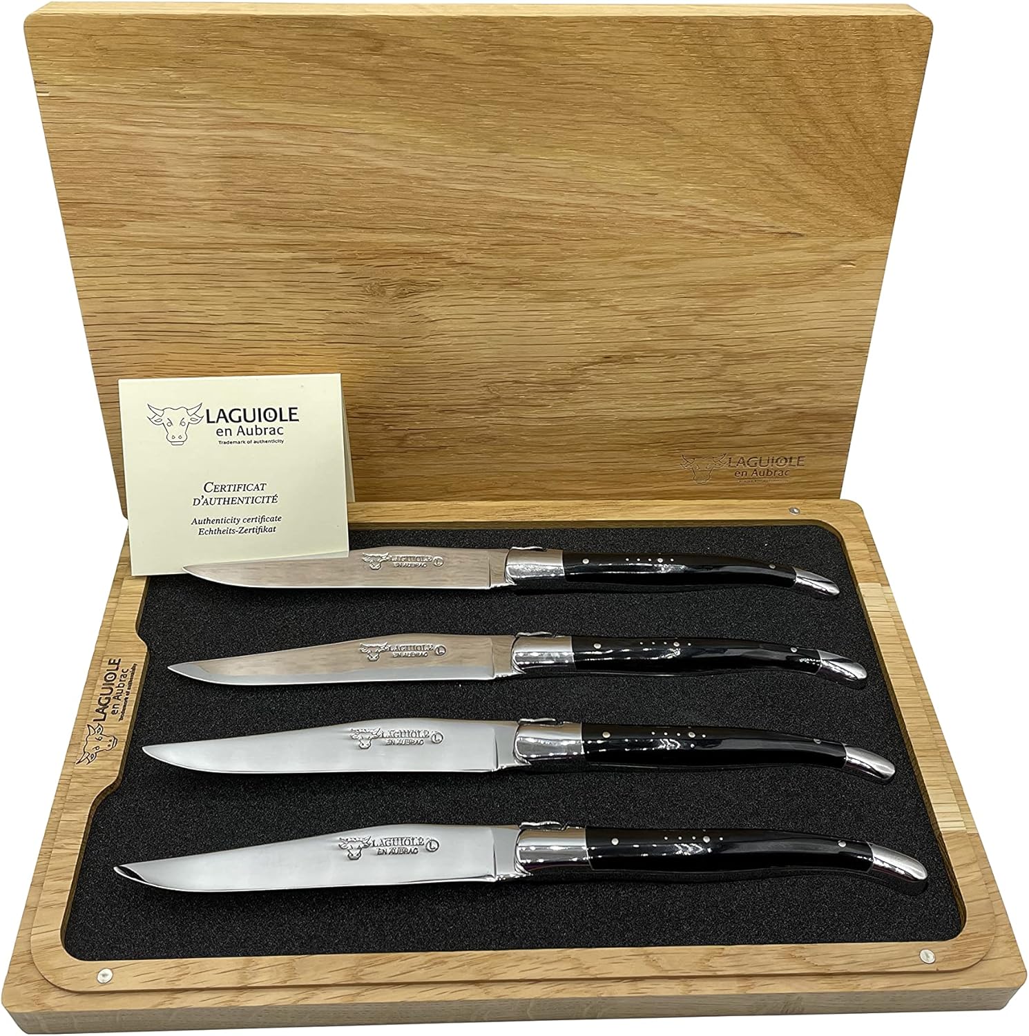 Laguiole en Aubrac Luxury Fully Forged Full Tang Stainless Steel Steak Knives 4-Piece Set with Buffalo Horn Handle, Stainless Steel Polished Bolsters