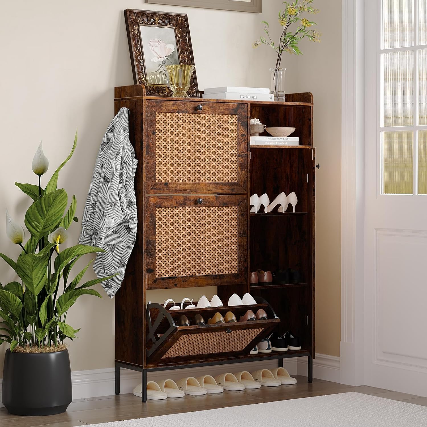 Shoe Storage Cabinet with 4-Tier Shoe Cabinet and 3 Flip Drawers, Rattan Freestanding Shoe Organizer with Adjustable Shelves and Side Hooks for Entryway, Closet, Hallway