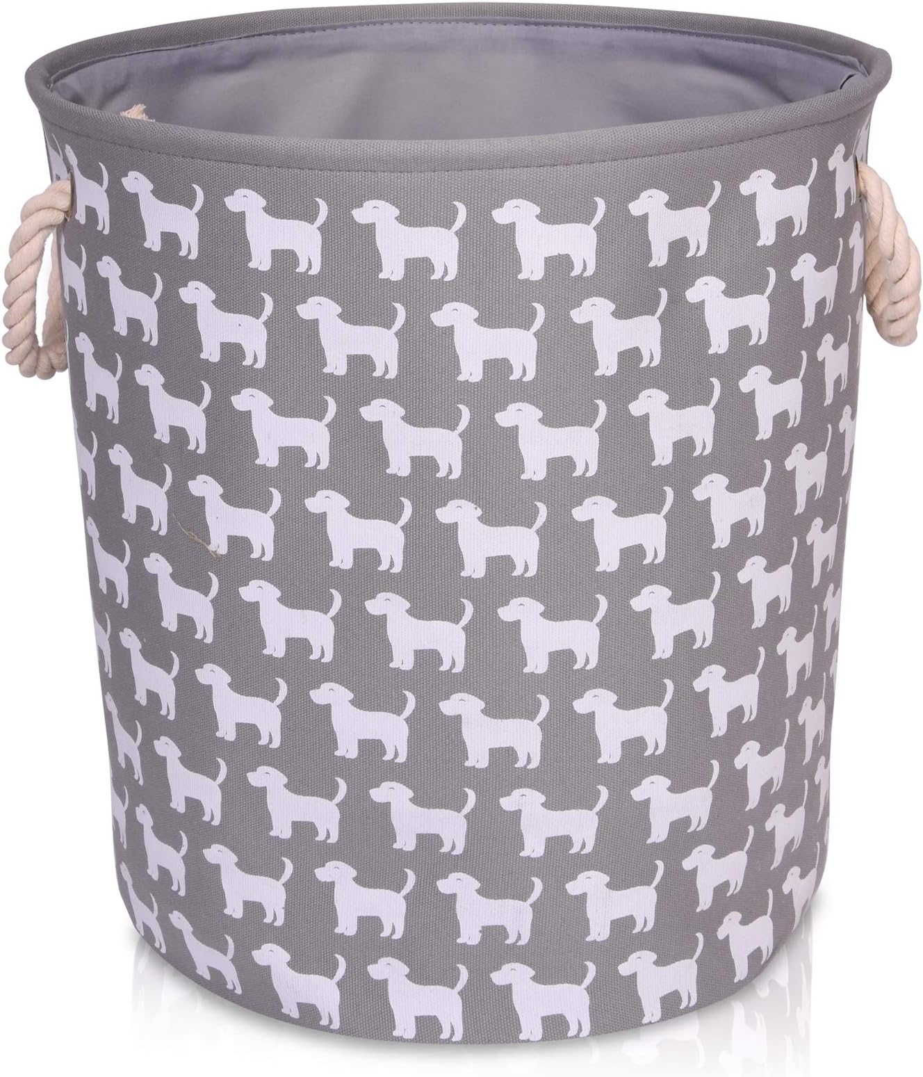 Grey Canvas Storage Basket with Dog Pattern - Large Fabric Basket with White Dogs - Perfect for Household Storage, Toys or Laundry. 40cms Diameter x 45cm Height