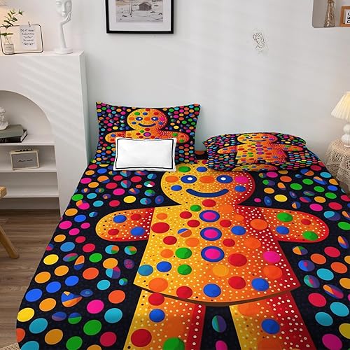 Miniatura 2 de Sábanas de Navidad tamaño matrimonial, sábanas de hombre de jengibre con estampado, juego de 4 piezas, sábana bajera ajustable de microfibra suave