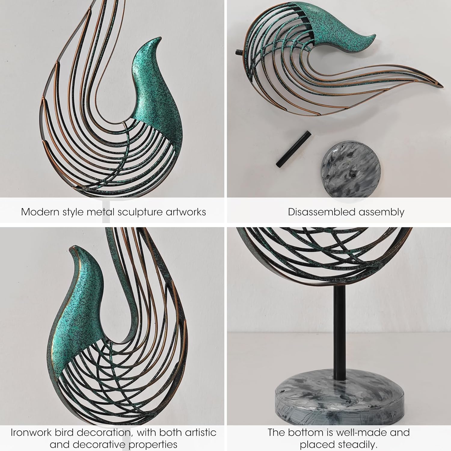 Teal Abstract Bird Sculpture, Modern Metal Wireframe Art Decor with Base, Minimalist Home Decor Accent for Living Room Table, Office Desk, Shelf Display