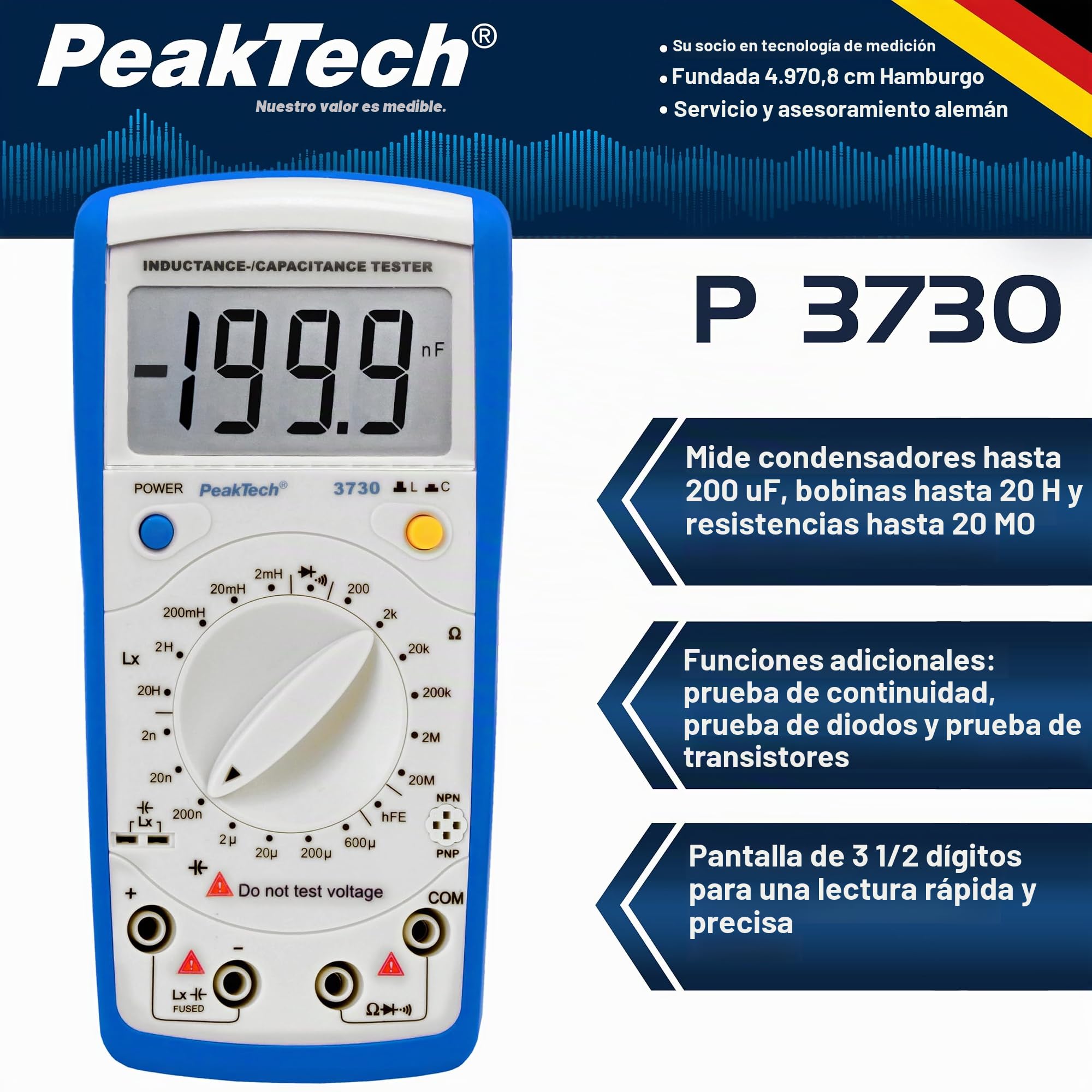 PeakTech, P3730, Multímetro digital LCR Meter, Multímetro digital hasta máx. 200 µF / 20 H / 20Mohm, Medidor de corriente para medición de inductancia, capacitancia y resistencia, CAT II