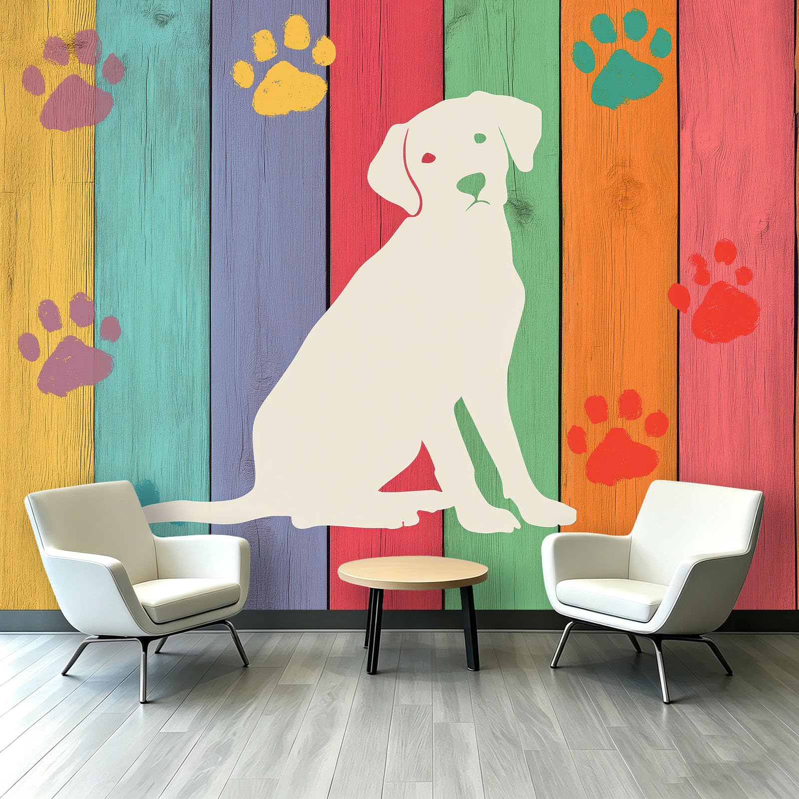 Carta da parati fotografica con animali, semplice, 200 x 140 cm (larghezza x altezza), in tessuto non tessuto, decorazione da parete, motivo: cane su tavola di legno, per camera da letto, soggiorno