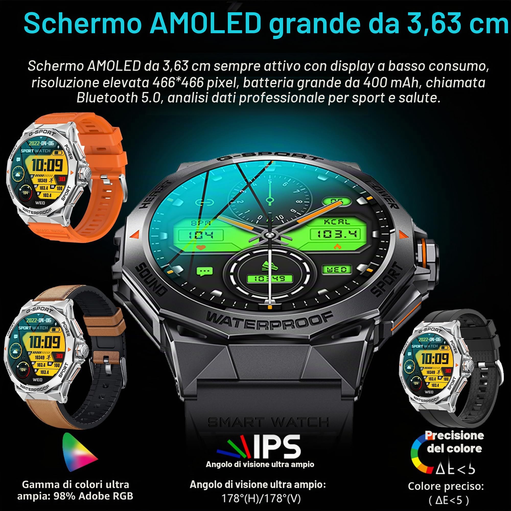 Smartwatch Uomo con Effettua o Risposta Chiamate, 1,43'' AMOLED Orologio Smartwatch, Contapassi Sonno Cardiofrequenzimetro, 123 modalità Sportive, IP68 Smart Watch per Android iOS (Argento)