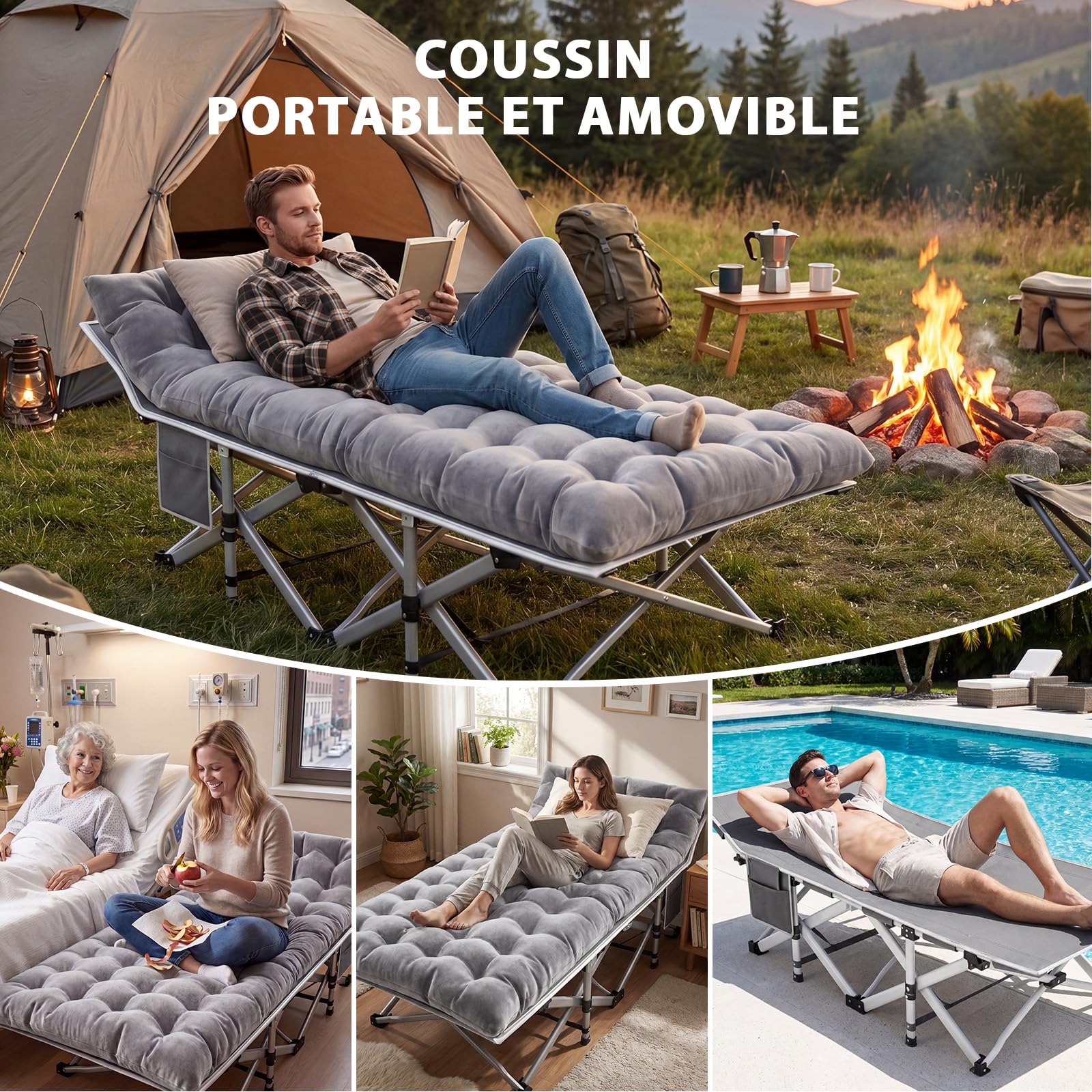Lit de Camp Pliable Adultes avec Matelas XXL 190 x 80 x 37 cm - lit de Camping Pliant 2 Personnes - Charge Jusqu'à 308 kg - Lit d appoint 1 Personne pour Invités, Bureau ou Voyage