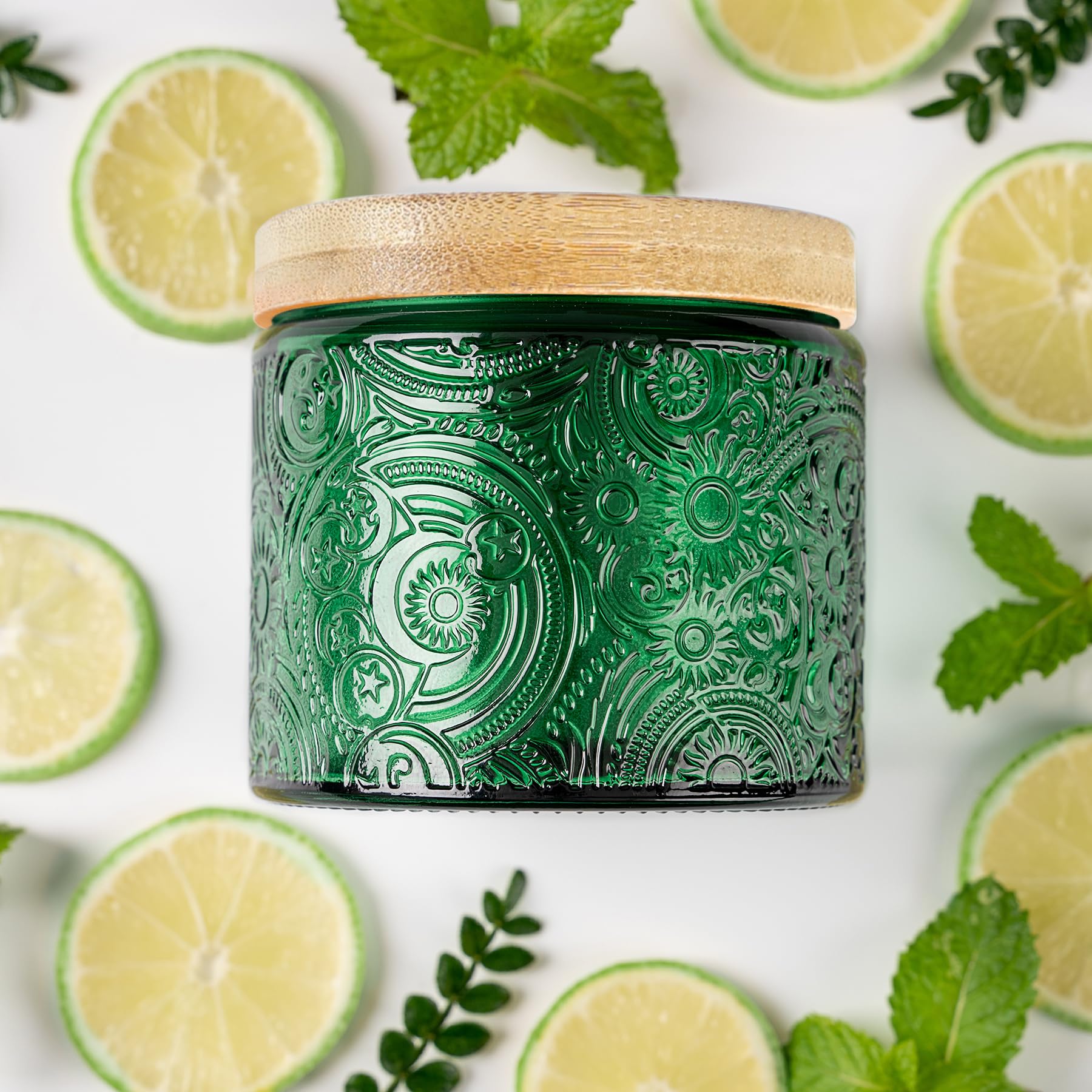 10 oz Embossed Glass Candle Container with Bamboo Lids and Labels, Green Candle Jars for Making Candles, Sun Moon Stars Design - Pack of 9 (Green)