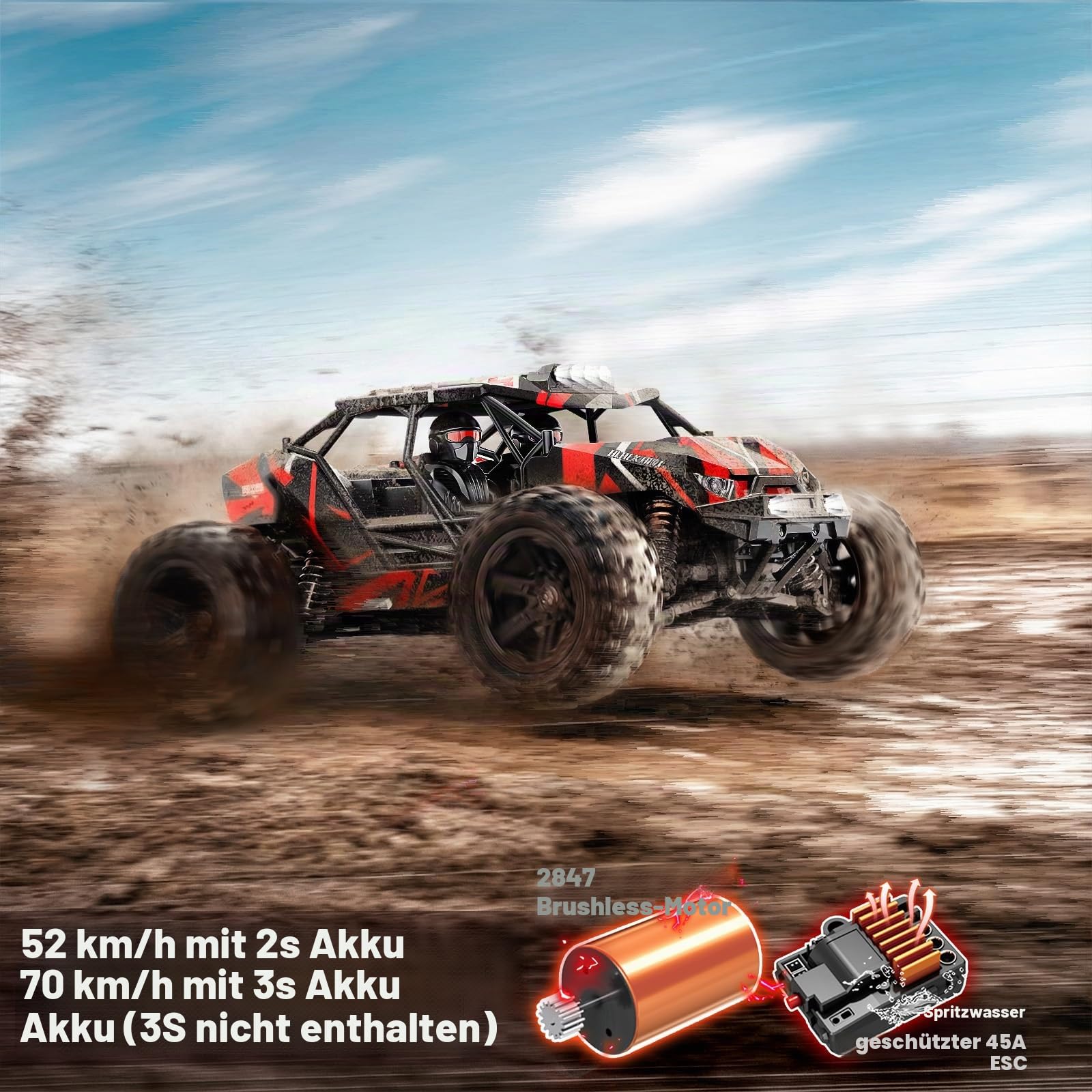 Ferngesteuertes Auto Erwachsene 1:14 Brushless RC Auto RC Car Truck 52 km/h | 4WD All-Terrain Offroad ölgefüllten Stoßdämpfern 2x 2S 1500mAh LiPo Akku, RTR mit 2 Reifensätzen, Aufrüstbar auf 3S 70 km/h