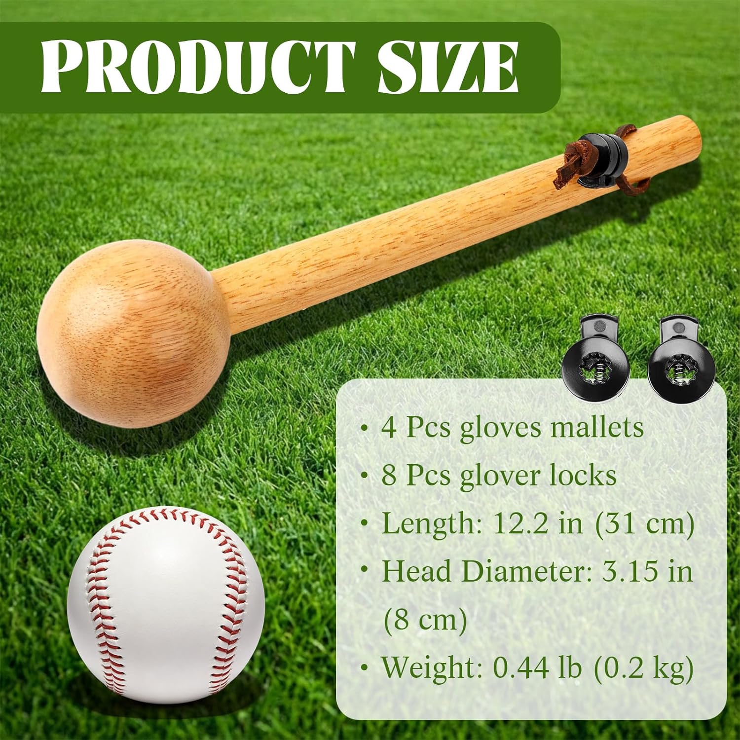 Sliner Set of 4 Baseball Hammer, Baseball Softball Glove Break in Mallet, Wood Mallets with 2 Pcs Glover Lock for Pocket Shaping Finger Loosening Faster Glove Conditioning, 12 Inch