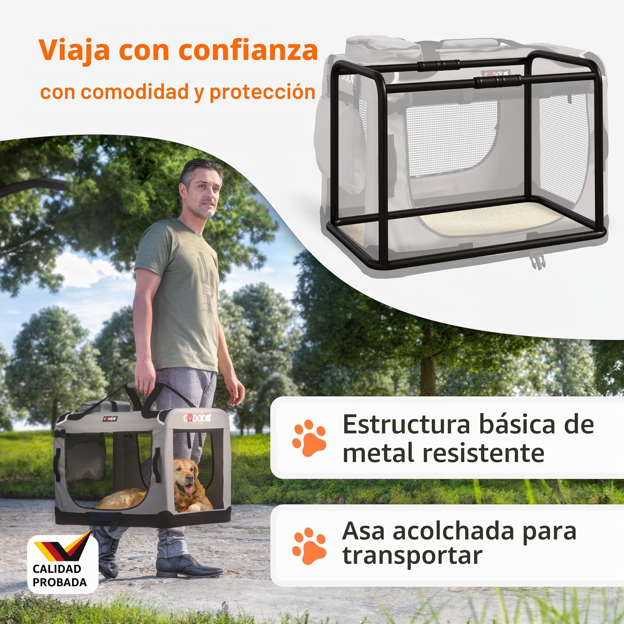 CADOCA® Transportín Mascotas Plegable con Alfombrilla Suave y Tazón Talla XXL 90x60x66cm Bolsa Viajes Transportadora Perros Gatos Gris
