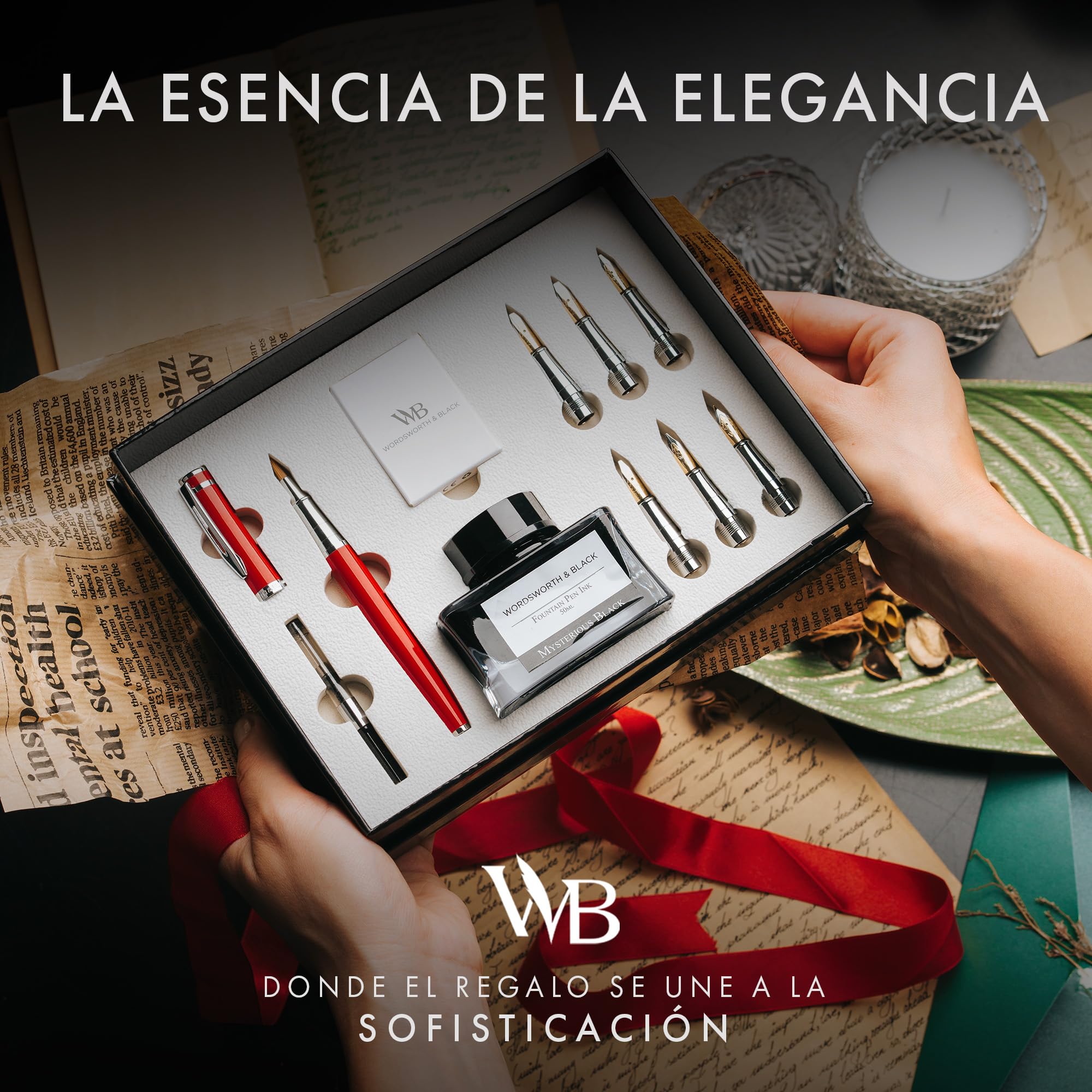Wordsworth & Black Calligraphy Pen Set de regalo, incluye botella de tinta, 6 cartuchos de tinta, convertidor de recarga, 6 puntas de repuesto, paquete premium, diario [Cromo Rojo]