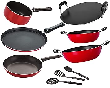 Nirlon Non-Stick 3 Layer Coated Dishwasher Safe Cookware Utensil Combo Gift Set Offer-9 Pieces [2.6mm_FT13_KD12_KD14_SPB_RT_TP24_3SPN]