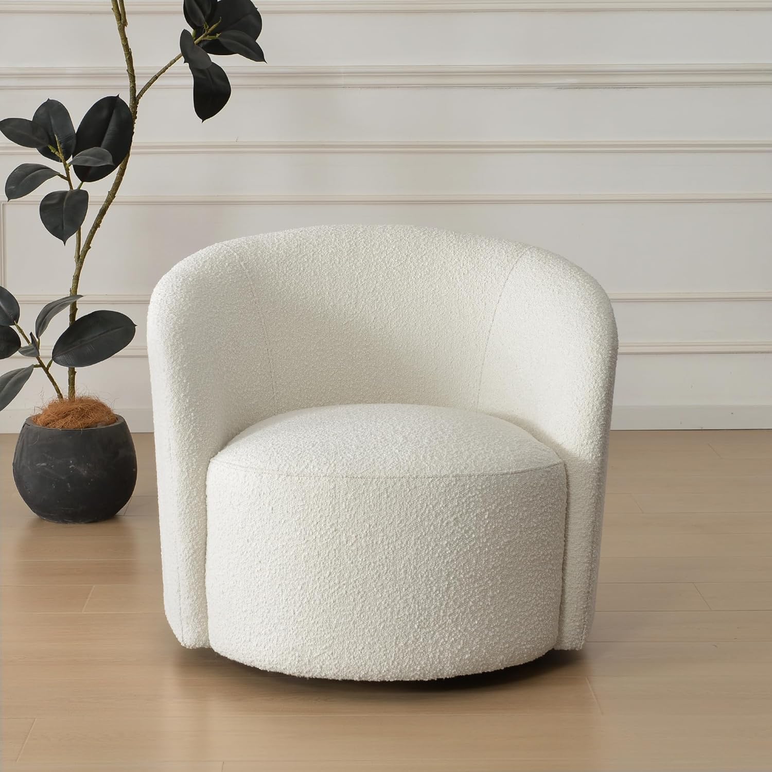 KINWELL 34" W Mid Century Modern Swivel Barrel Chair, Round Upholstered Boucle Swivel Accent Chairs, No Assembly Sofa Chair for Living Room Bedroom Reading Apartment Lounge Nursery(Cream)